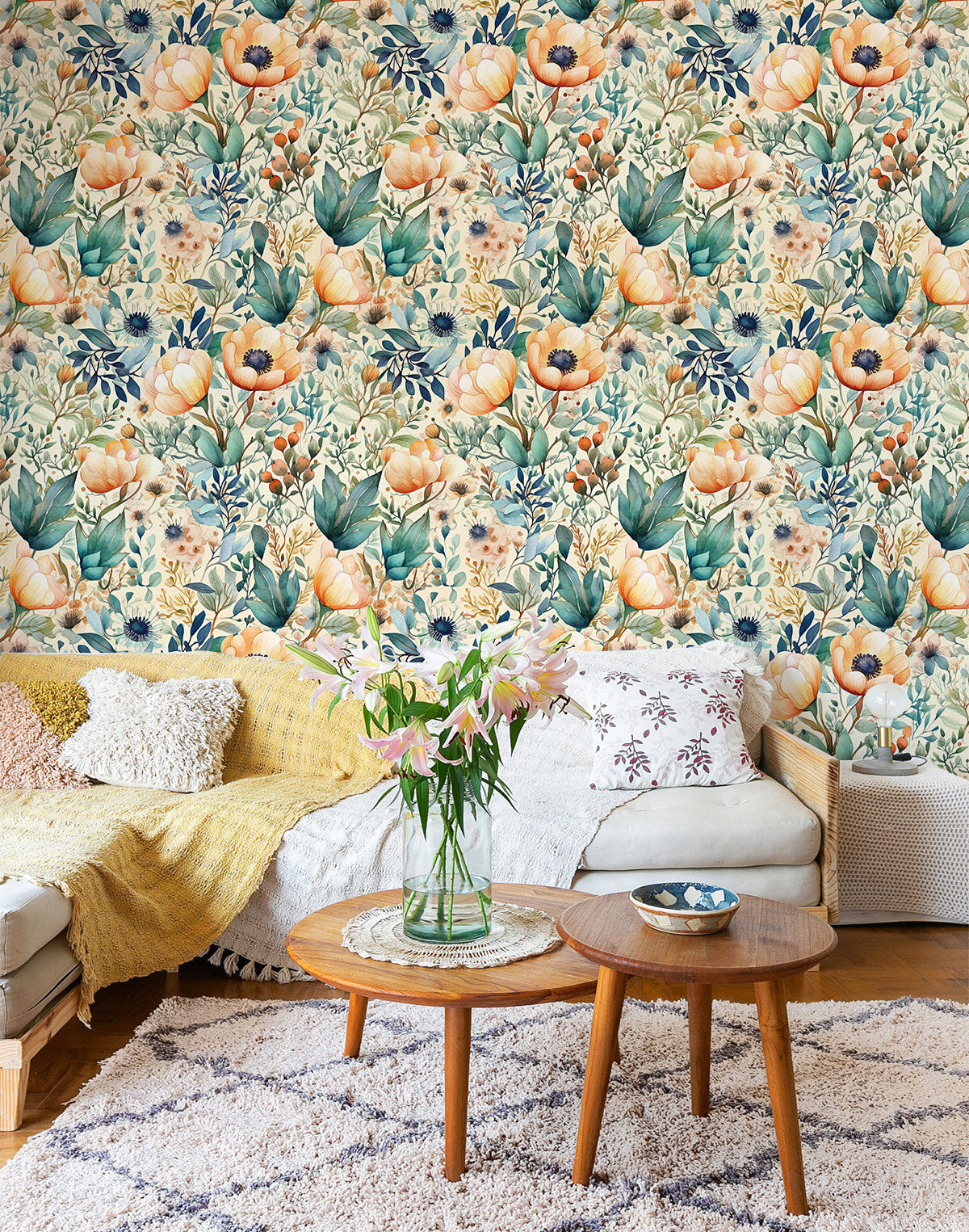 HaokHome Wallpaper Peel and Stick Floral Botanical Beige/Blue/Green Watercolor Wall Decor Removable Mural for Living Room & Kitchen