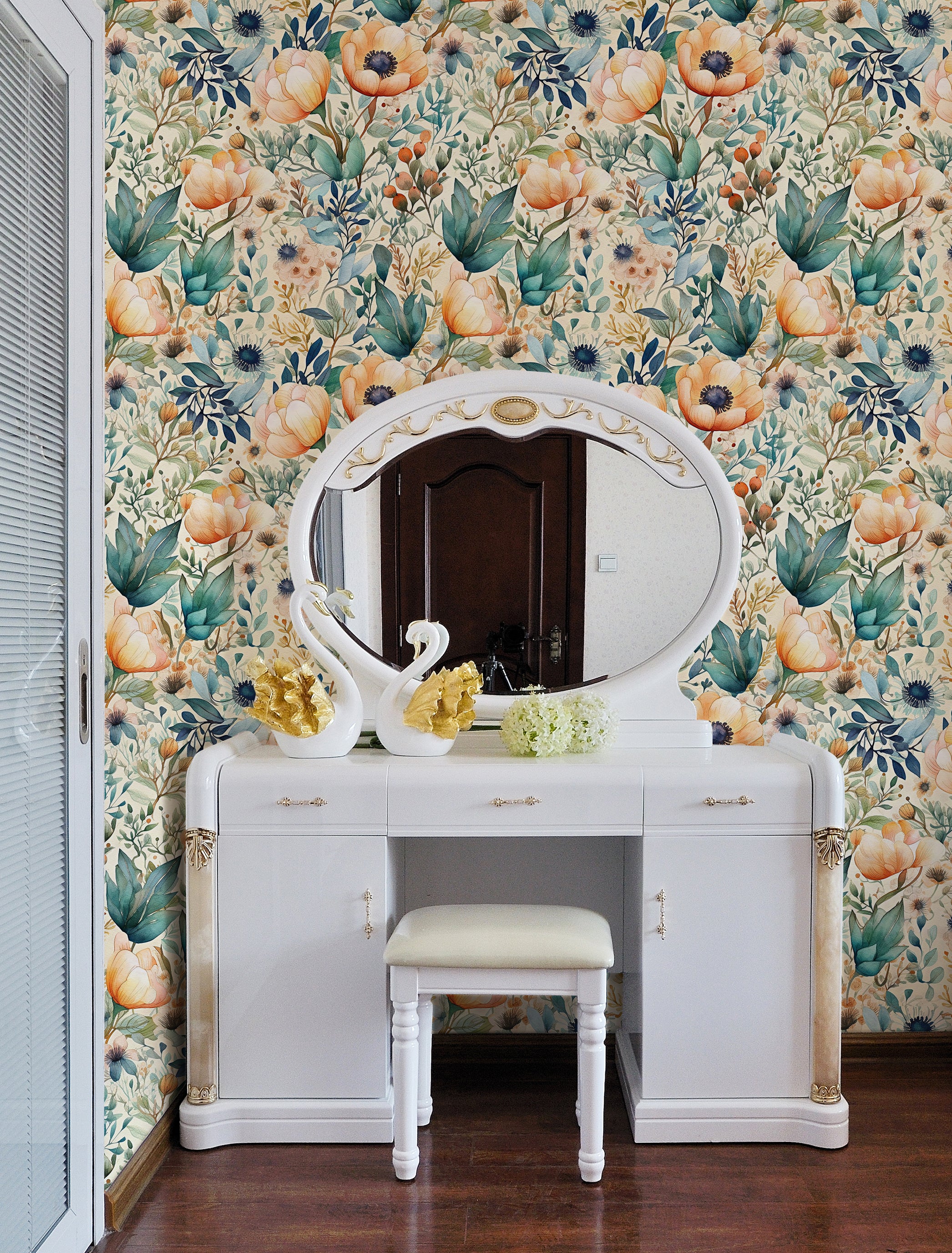 HaokHome Wallpaper Peel and Stick Floral Botanical Beige/Blue/Green Watercolor Wall Decor Removable Mural for Living Room & Kitchen