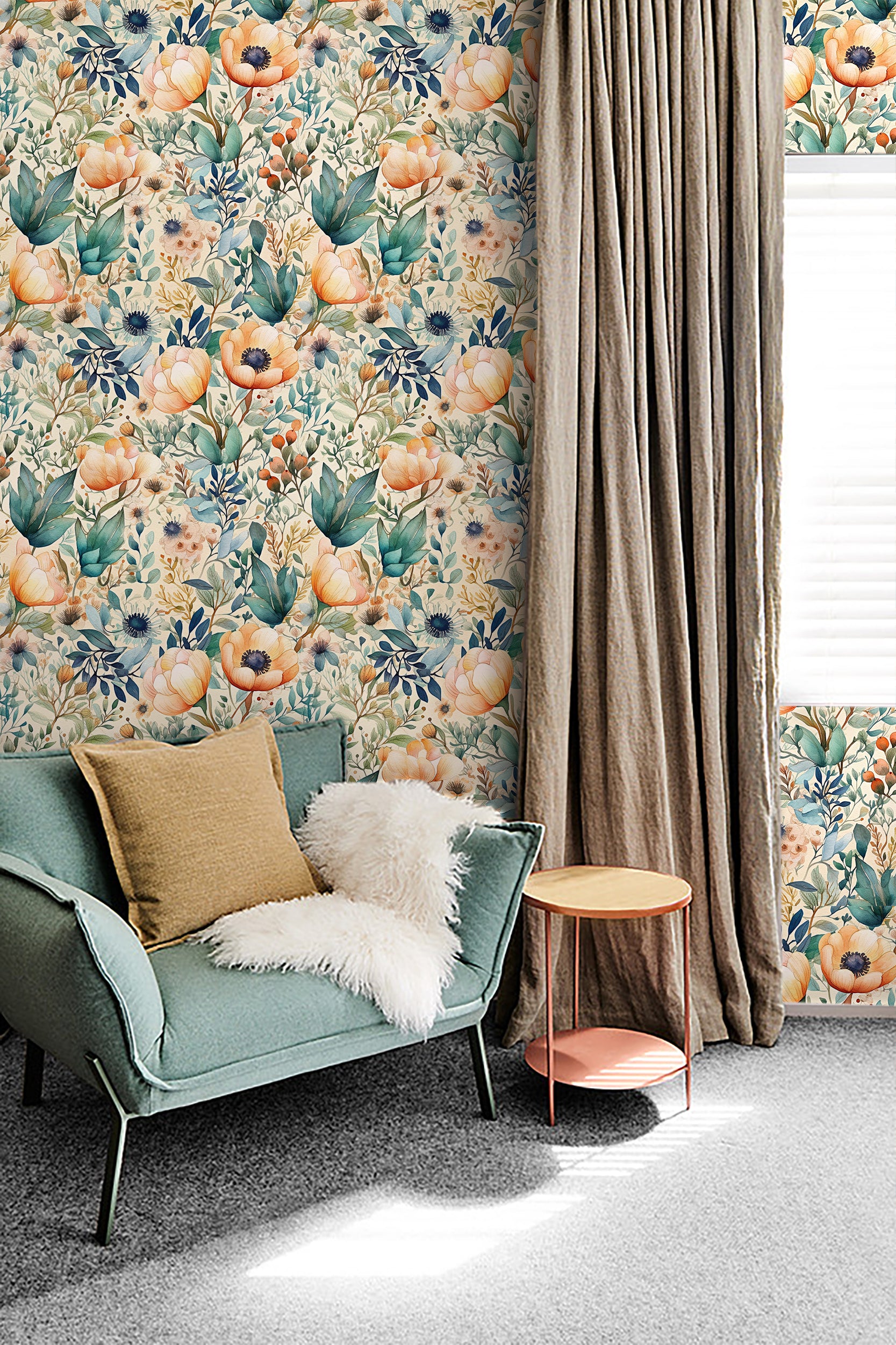 HaokHome Wallpaper Peel and Stick Floral Botanical Beige/Blue/Green Watercolor Wall Decor Removable Mural for Living Room & Kitchen