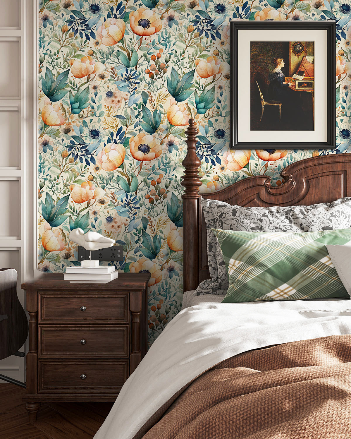 HaokHome Wallpaper Peel and Stick Floral Botanical Beige/Blue/Green Watercolor Wall Decor Removable Mural for Living Room & Kitchen