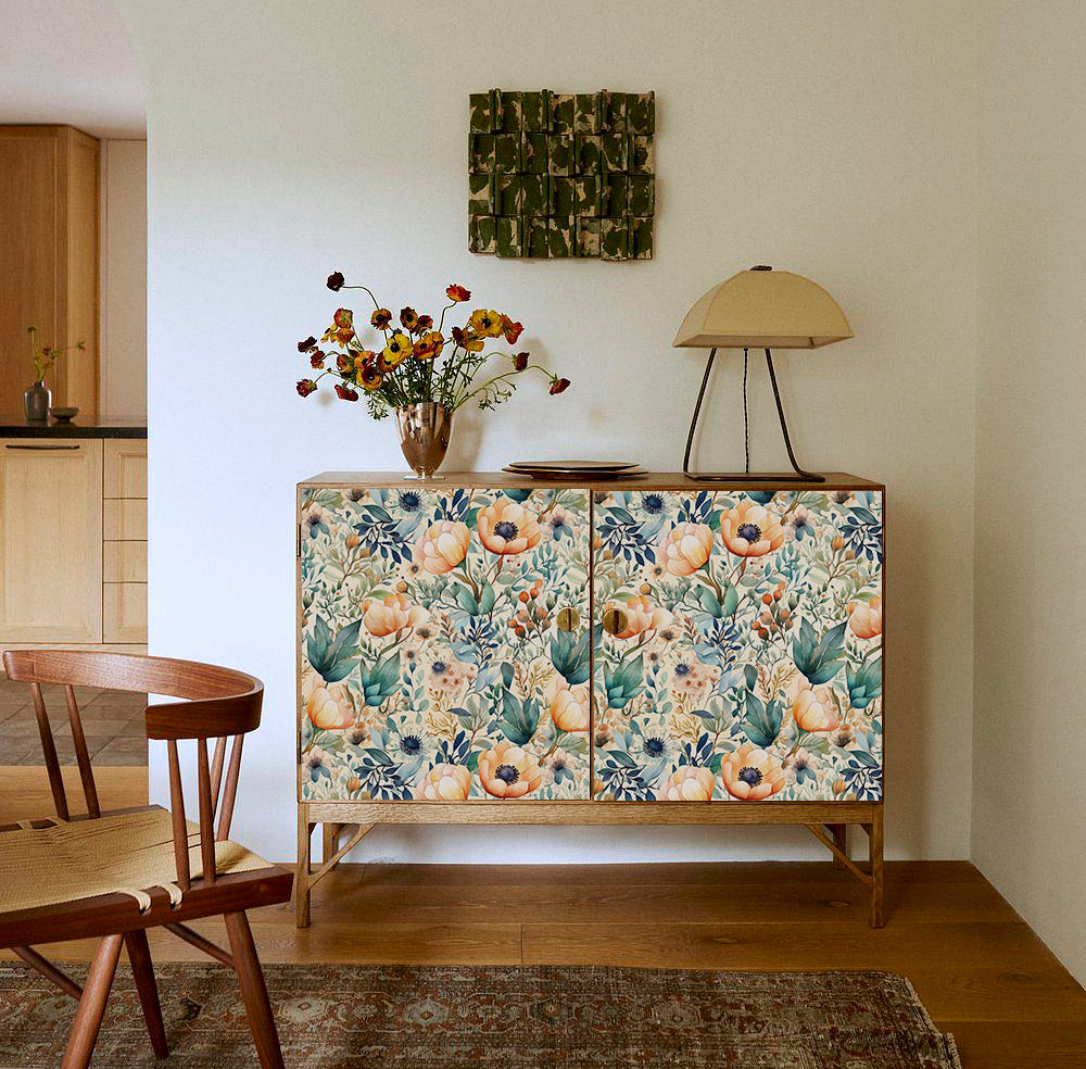 HaokHome Wallpaper Peel and Stick Floral Botanical Beige/Blue/Green Watercolor Wall Decor Removable Mural for Living Room & Kitchen