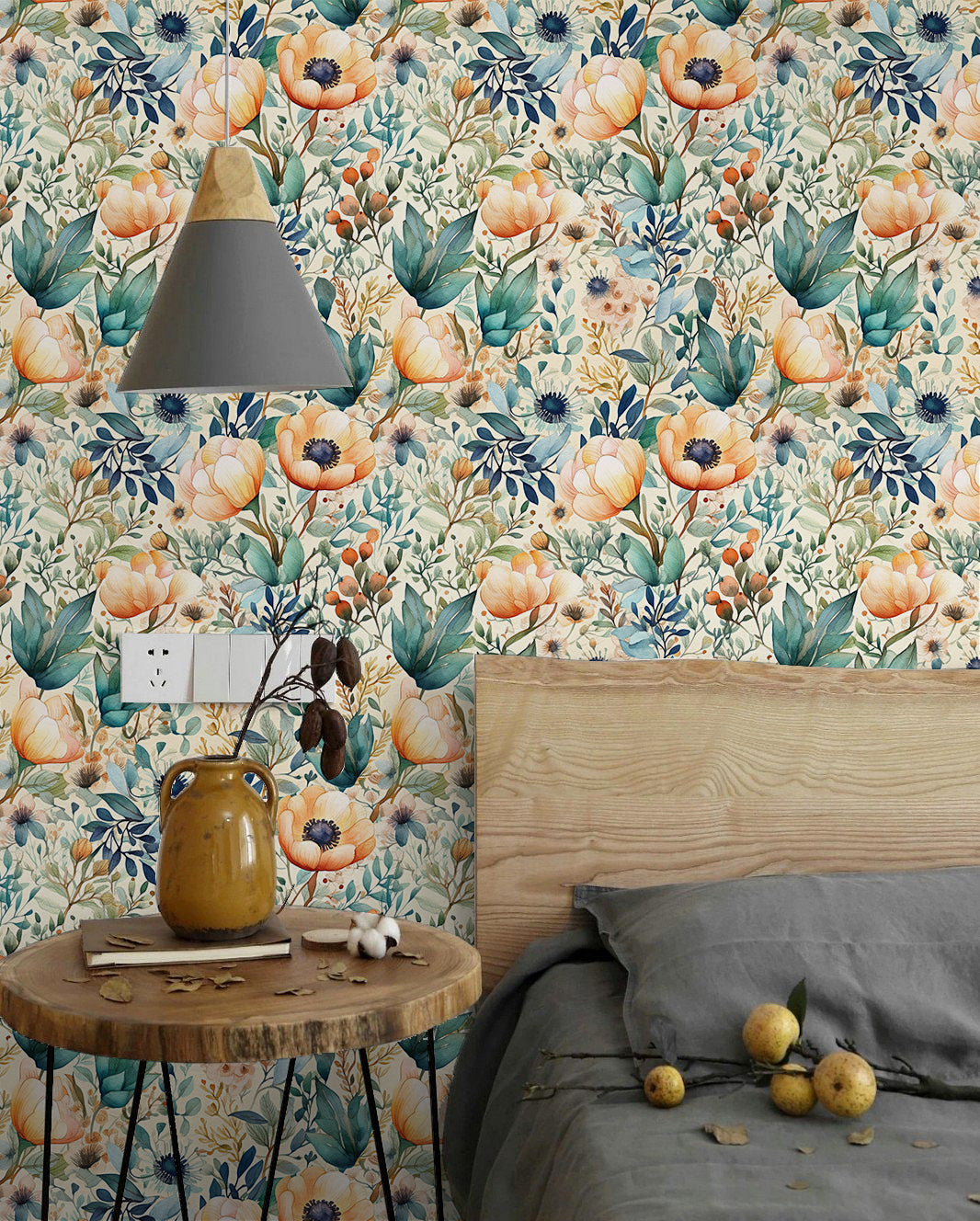 HaokHome Wallpaper Peel and Stick Floral Botanical Beige/Blue/Green Watercolor Wall Decor Removable Mural for Living Room & Kitchen