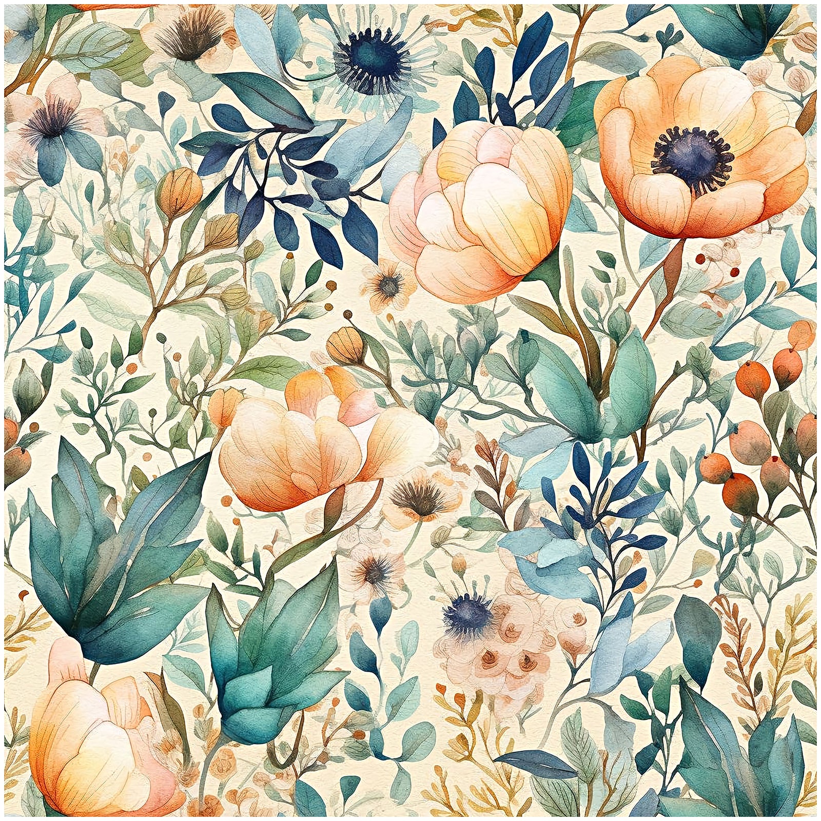 HaokHome Wallpaper Peel and Stick Floral Botanical Beige/Blue/Green Watercolor Wall Decor Removable Mural for Living Room & Kitchen