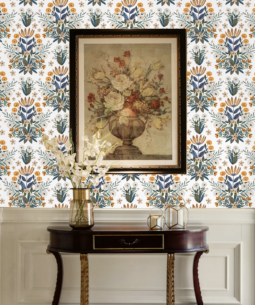 HaokHome Wallpaper Peel and Stick Floral Botanical Beige/Blue/Yellow Watercolor Wall Decor Removable Mural for Bedroom & Living Room