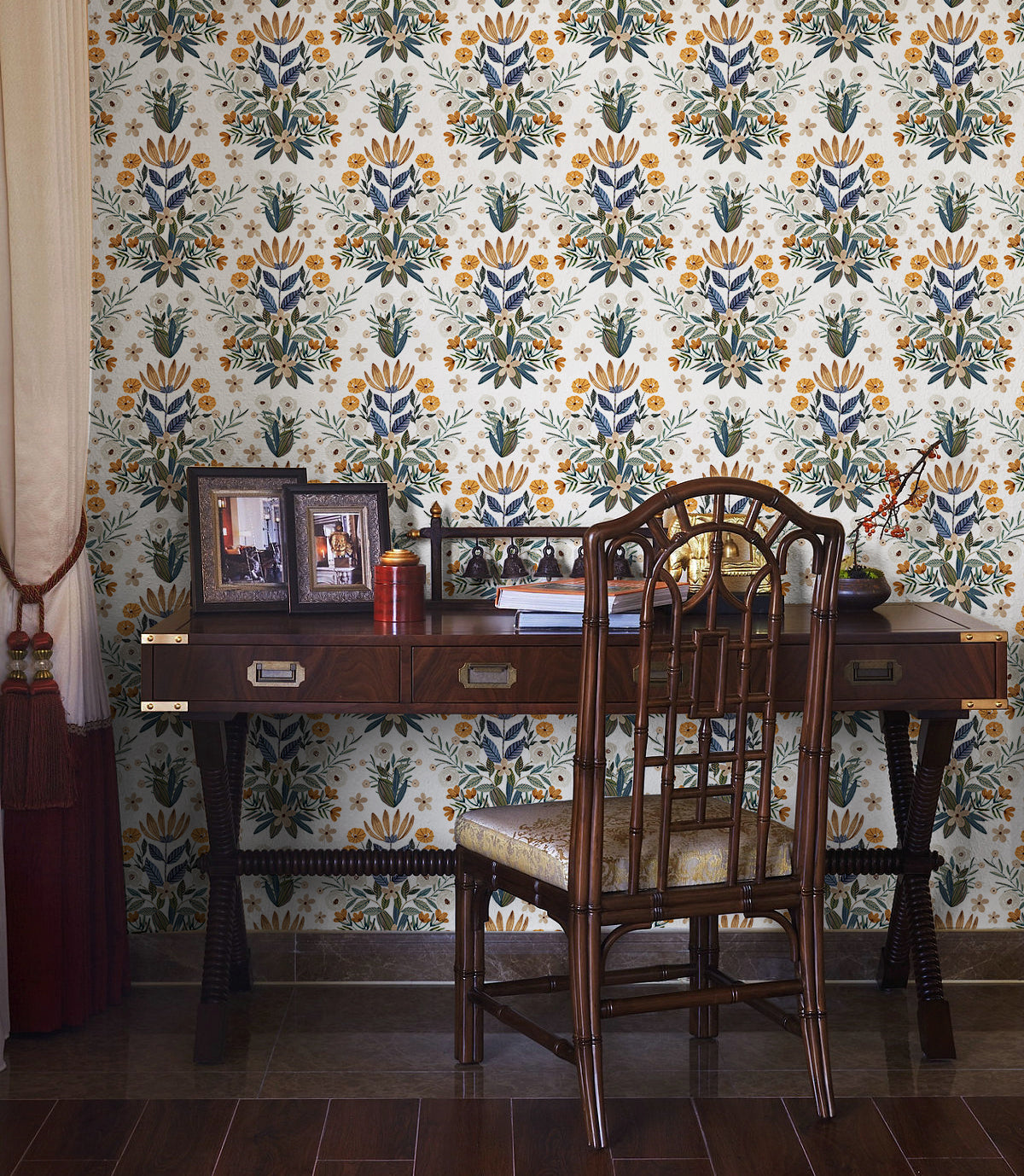 HaokHome Wallpaper Peel and Stick Floral Botanical Beige/Blue/Yellow Watercolor Wall Decor Removable Mural for Bedroom & Living Room