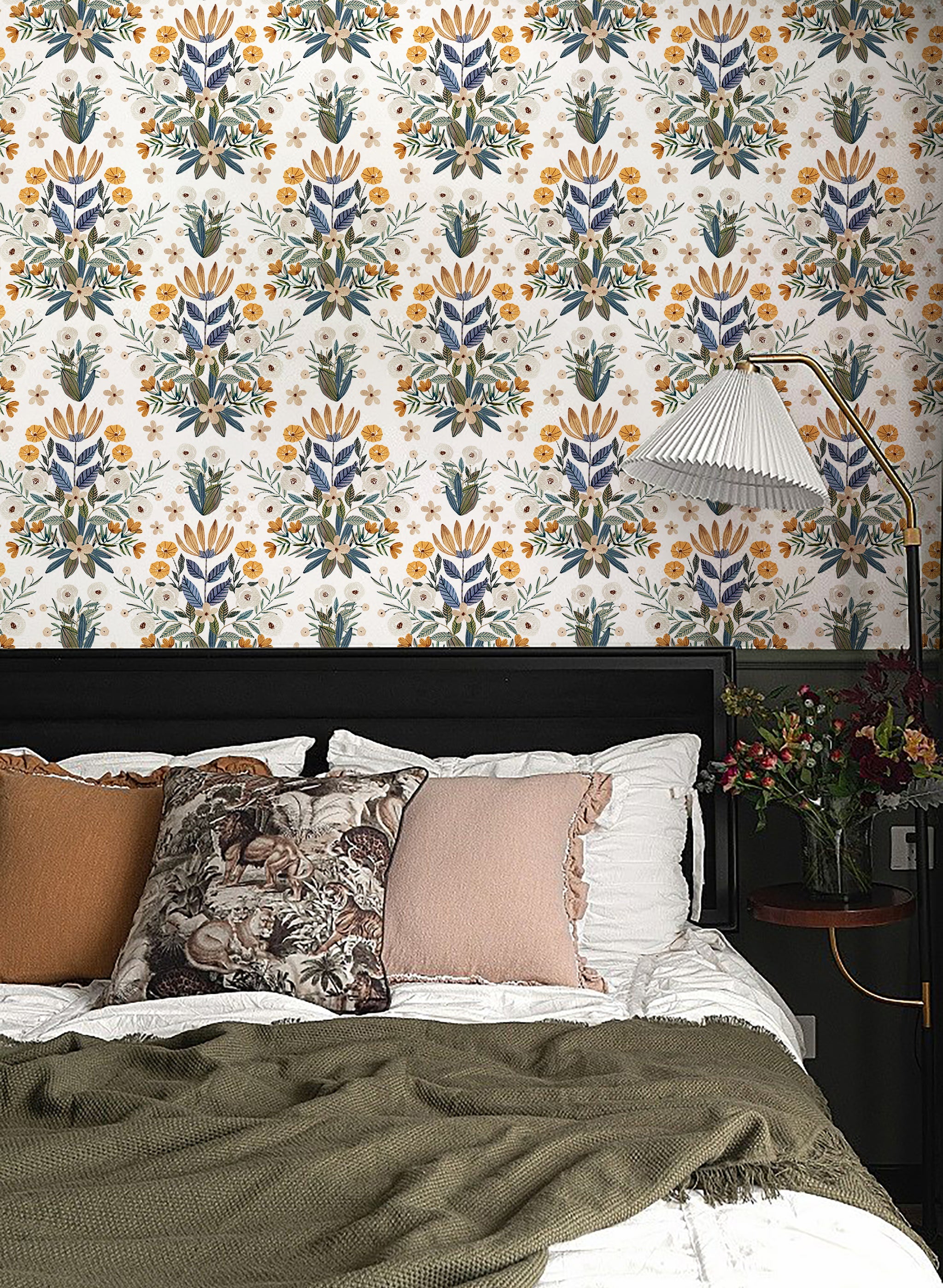 HaokHome Wallpaper Peel and Stick Floral Botanical Beige/Blue/Yellow Watercolor Wall Decor Removable Mural for Bedroom & Living Room