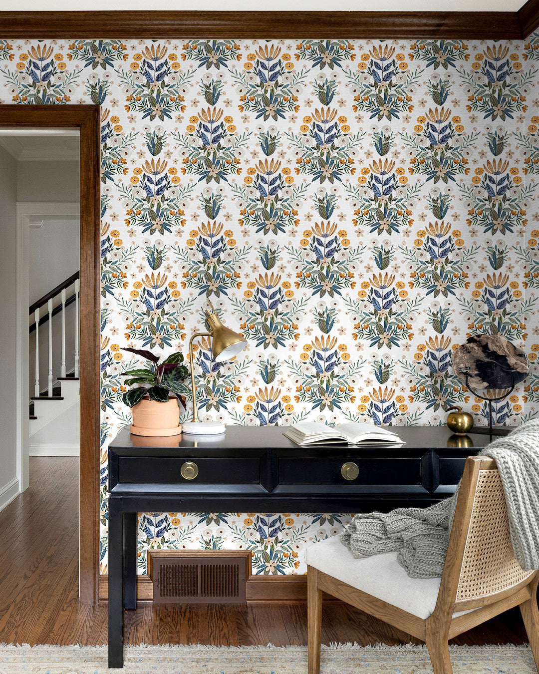 HaokHome Wallpaper Peel and Stick Floral Botanical Beige/Blue/Yellow Watercolor Wall Decor Removable Mural for Bedroom & Living Room