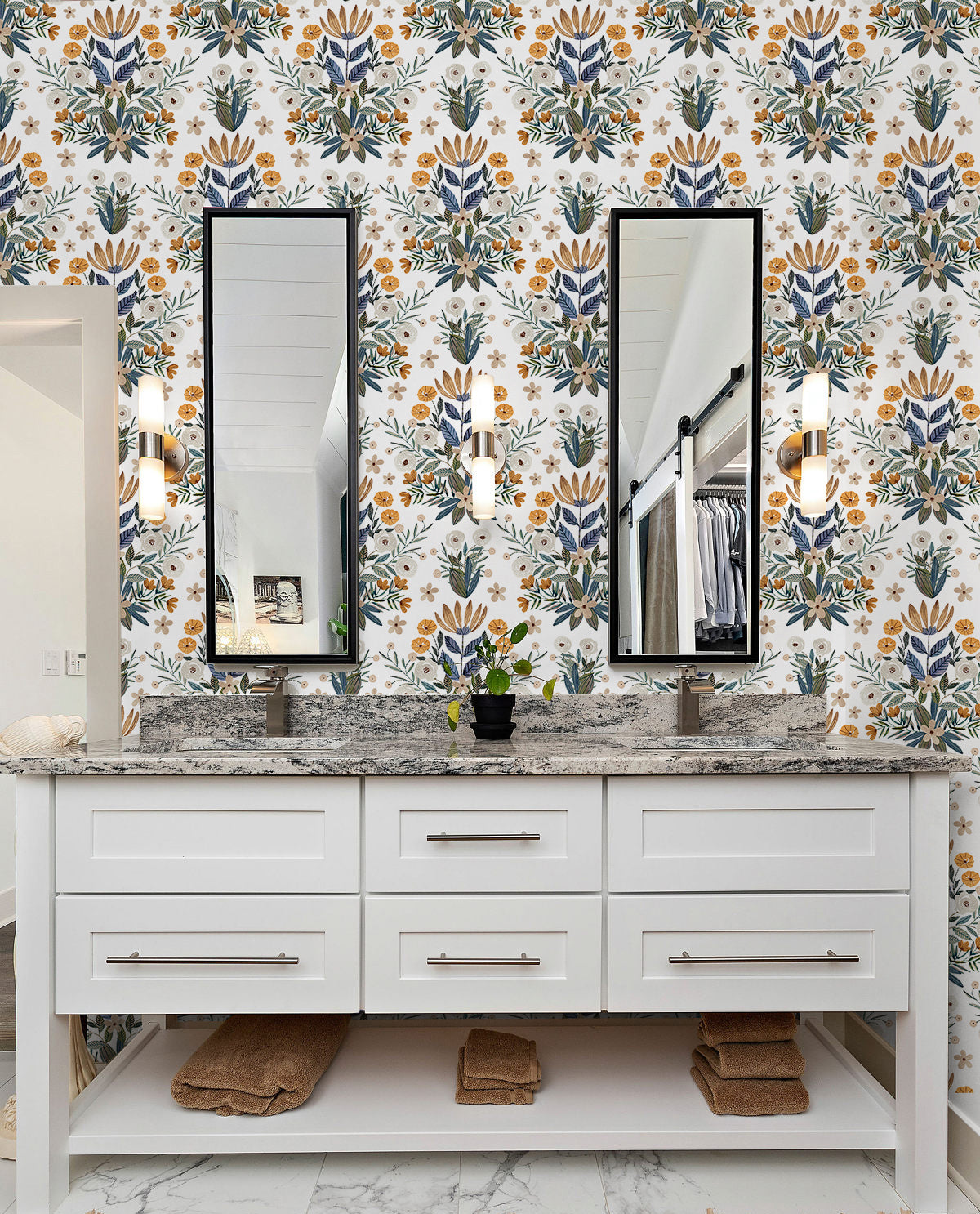 HaokHome Wallpaper Peel and Stick Floral Botanical Beige/Blue/Yellow Watercolor Wall Decor Removable Mural for Bedroom & Living Room