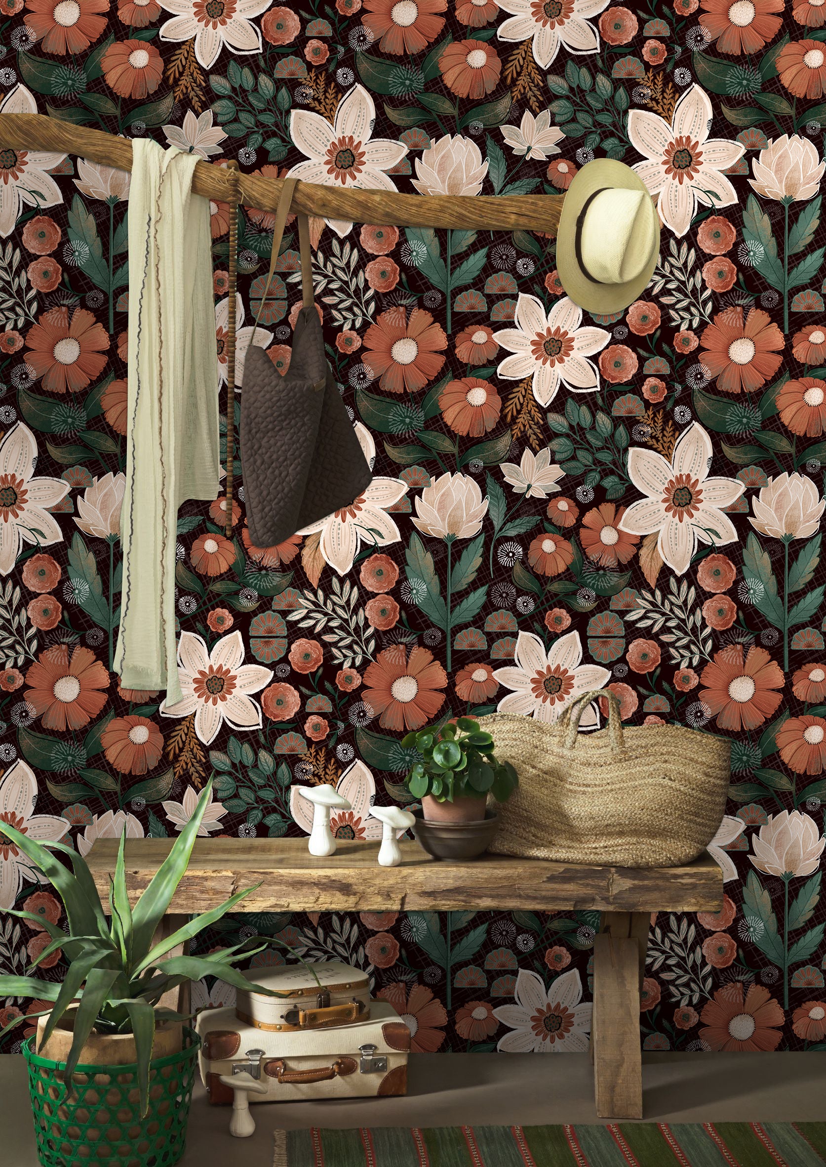 HaokHome Wallpaper Peel and Stick Floral Botanical Dark Brown/Beige/Green Retro Wall Decor Removable Mural for Bedroom & Living Room