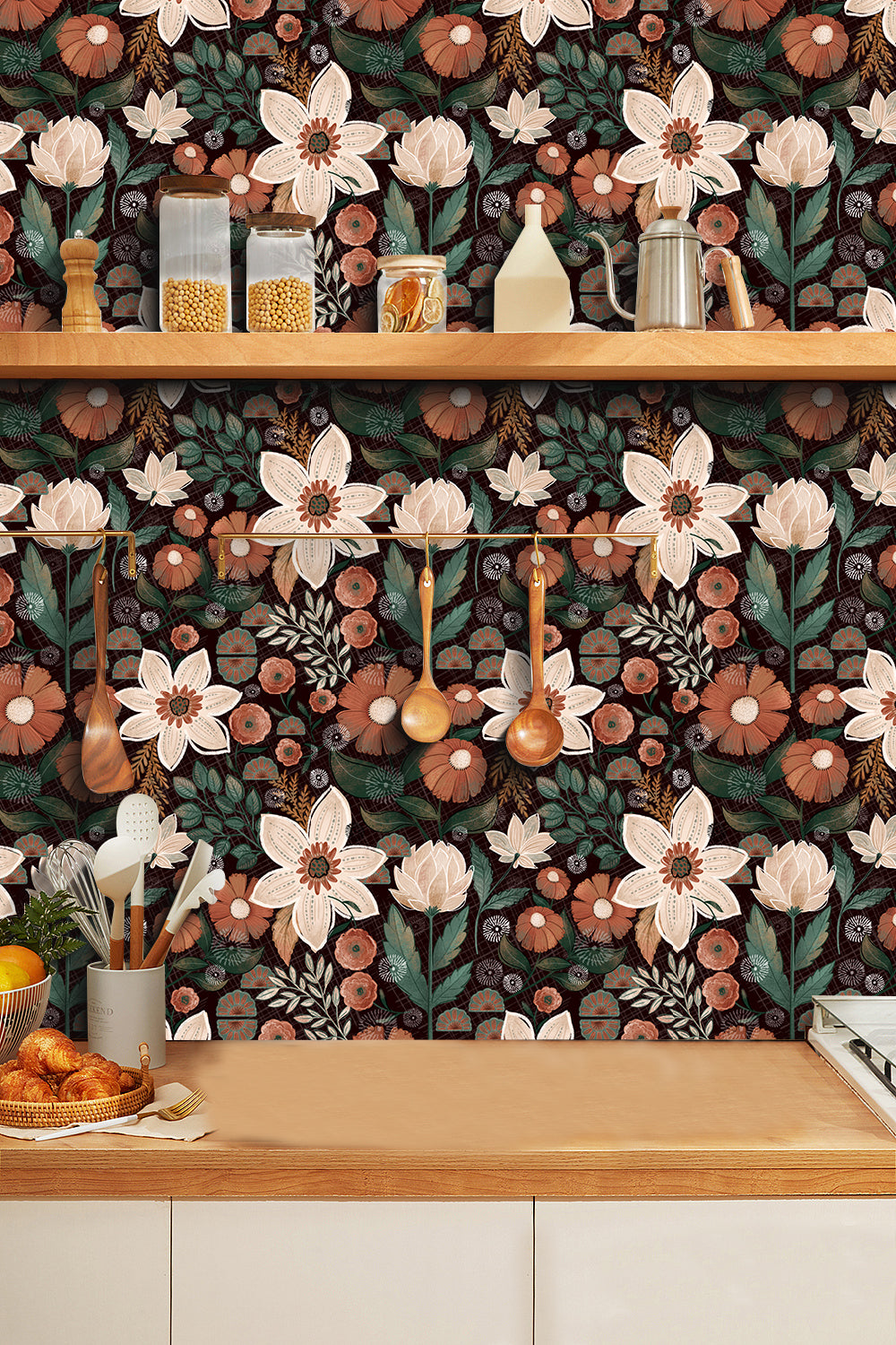 HaokHome Wallpaper Peel and Stick Floral Botanical Dark Brown/Beige/Green Retro Wall Decor Removable Mural for Bedroom & Living Room