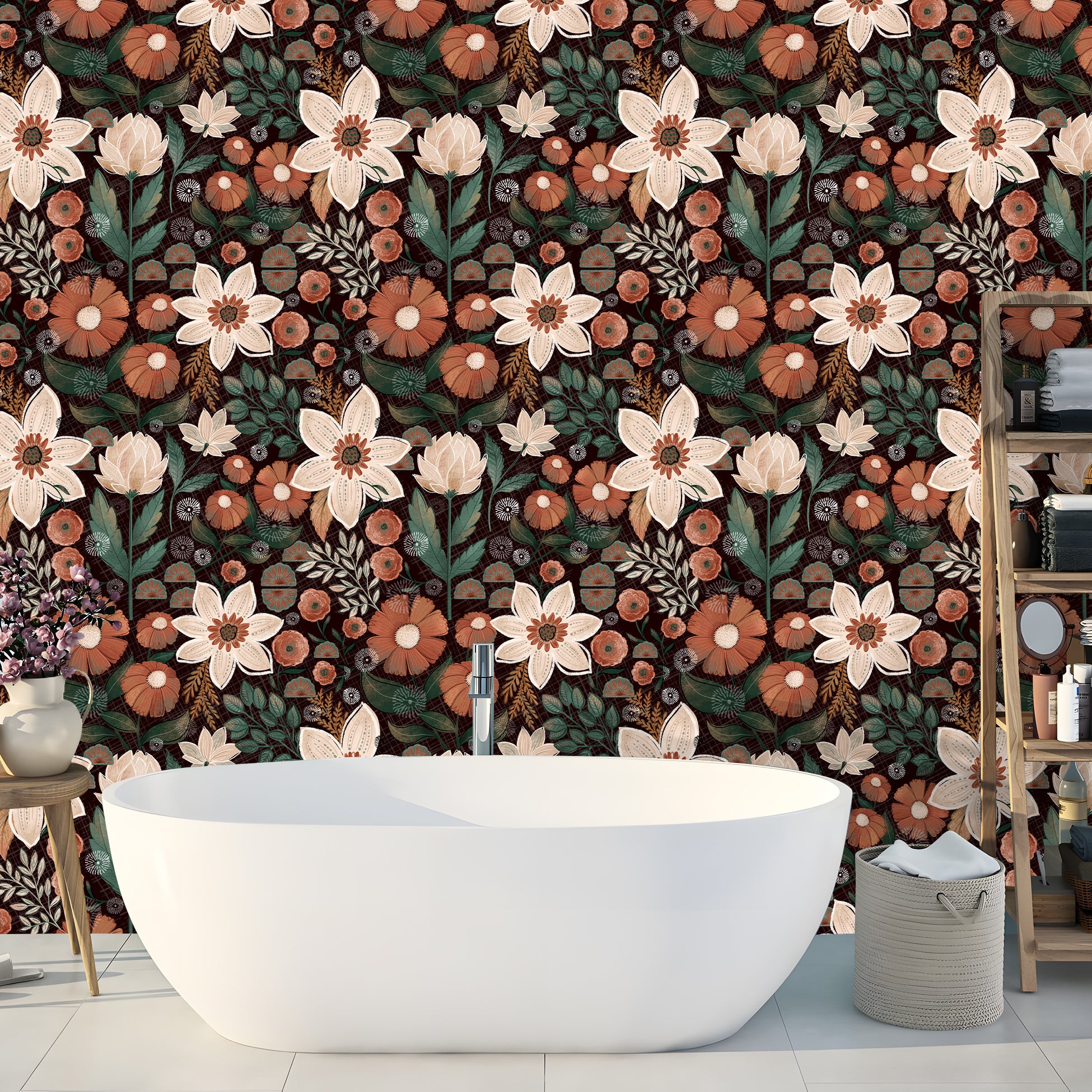 HaokHome Wallpaper Peel and Stick Floral Botanical Dark Brown/Beige/Green Retro Wall Decor Removable Mural for Bedroom & Living Room