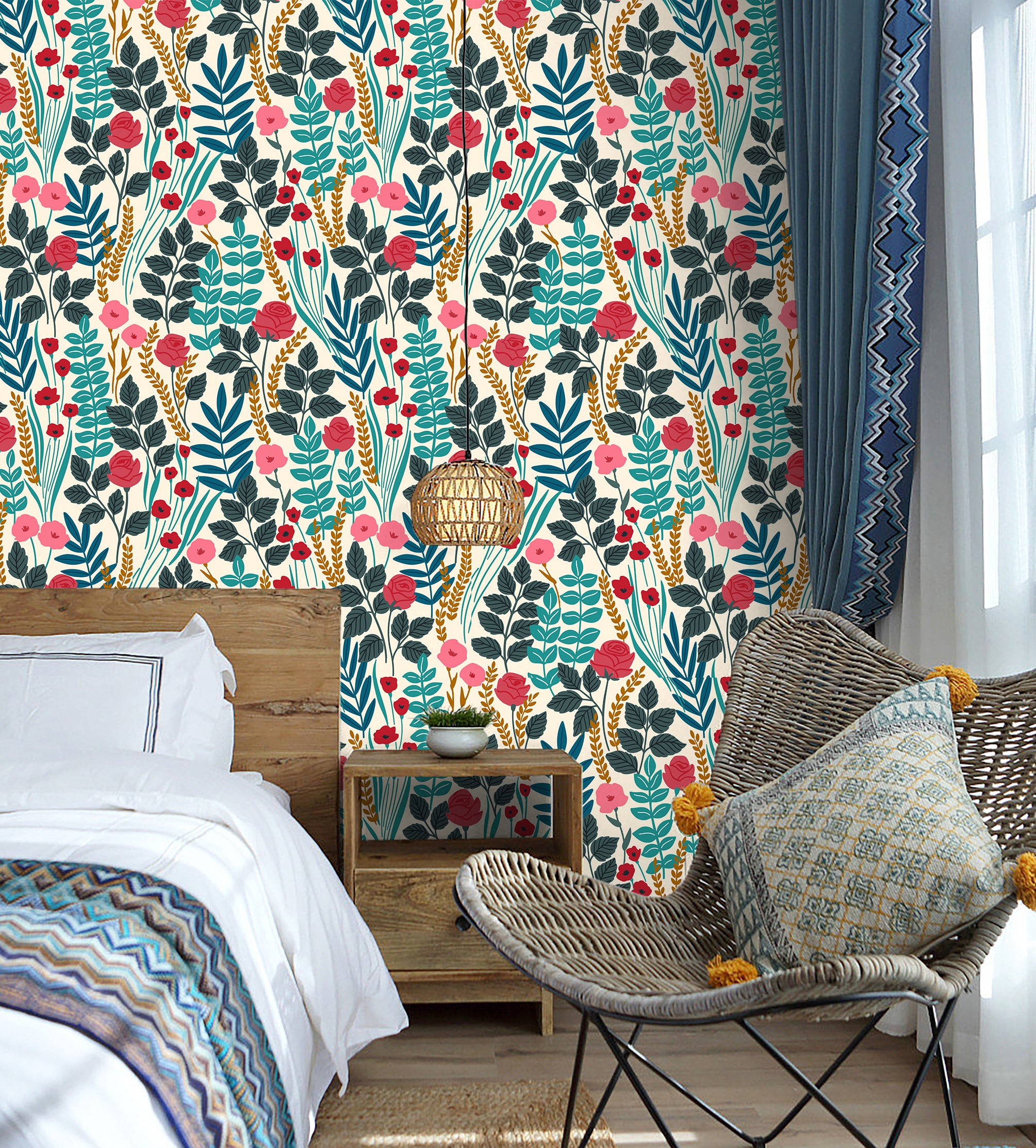 HaokHome Wallpaper Peel and Stick Floral Botanical Design Bright Modern Wall Decor for Living Room, Bedroom, or Nursery