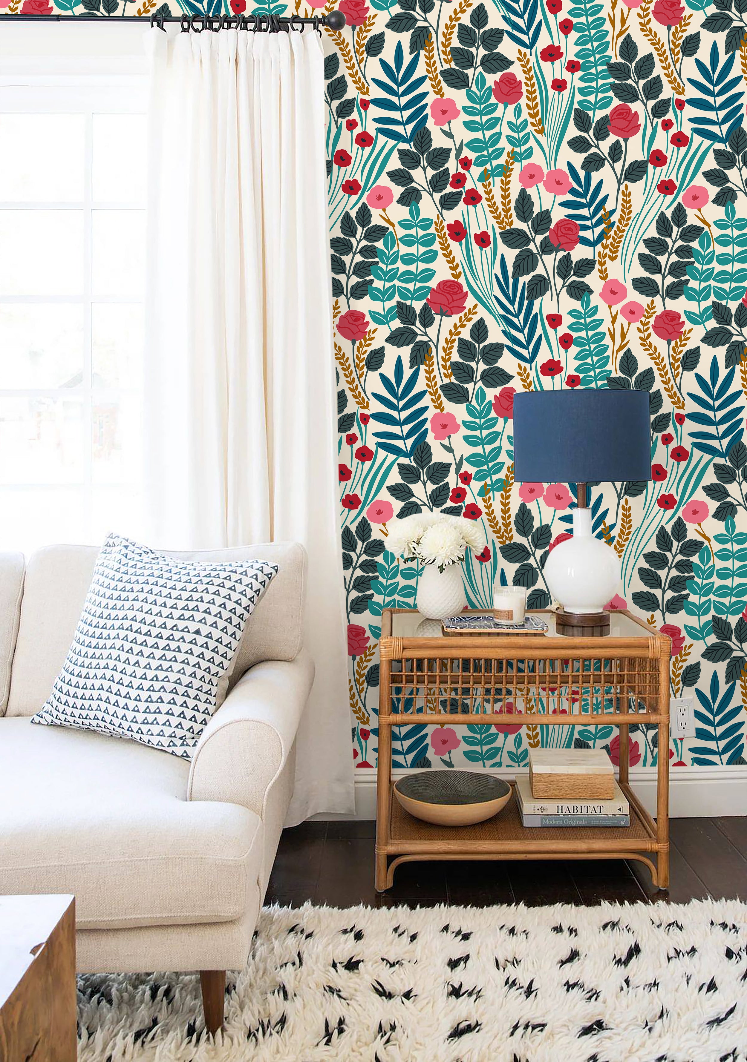 HaokHome Wallpaper Peel and Stick Floral Botanical Design Bright Modern Wall Decor for Living Room, Bedroom, or Nursery