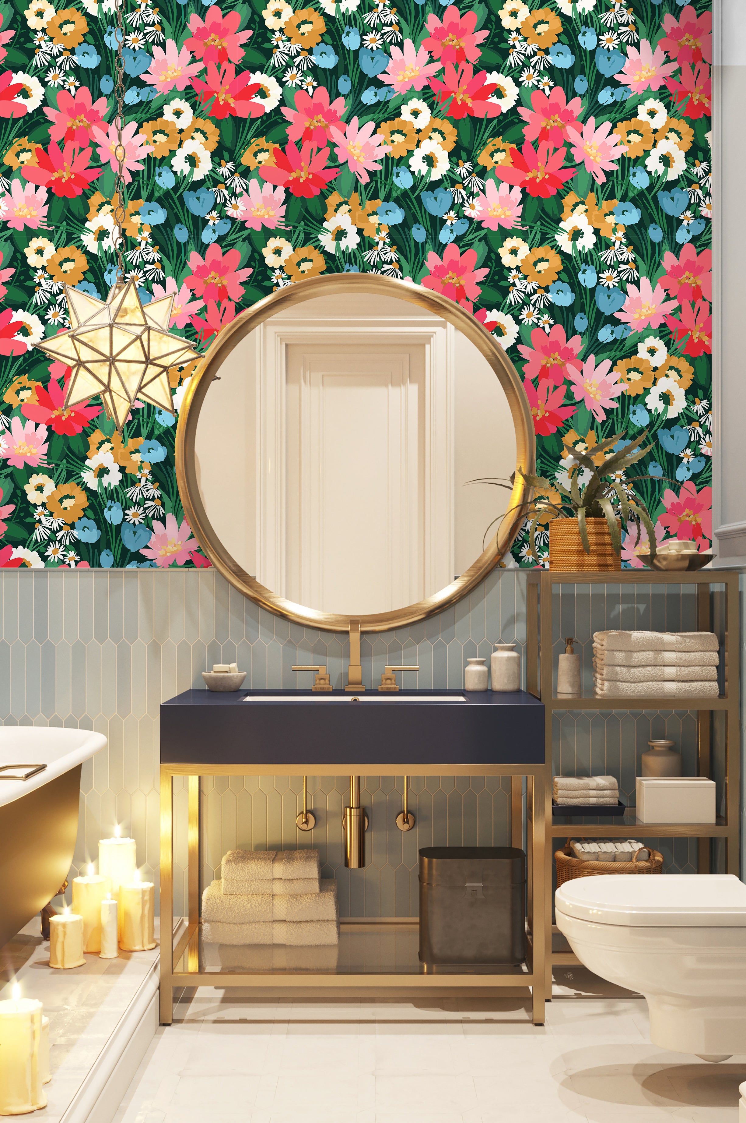 HaokHome Wallpaper Peel and Stick Floral Botanical Green/Pink/Blue Modern Wall Decor Removable Mural for Living Room & Kids' Room