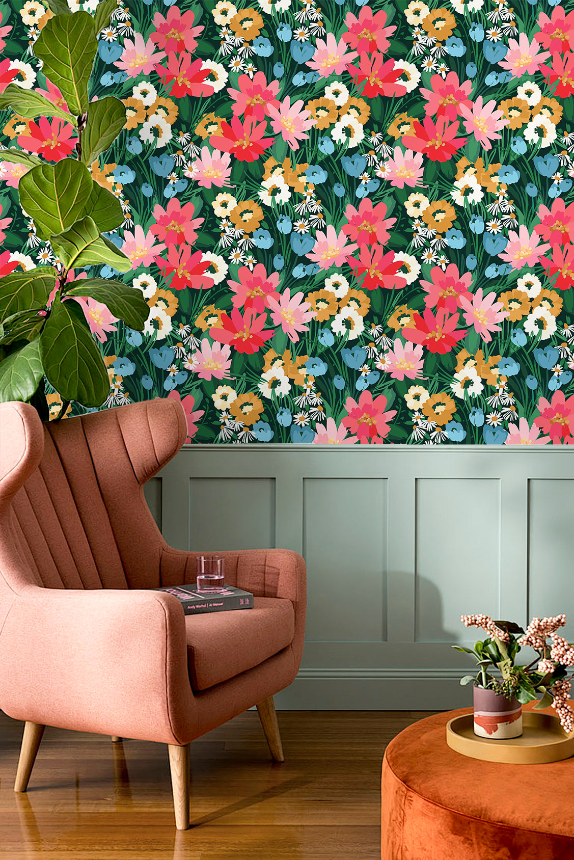 HaokHome Wallpaper Peel and Stick Floral Botanical Green/Pink/Blue Modern Wall Decor Removable Mural for Living Room & Kids' Room