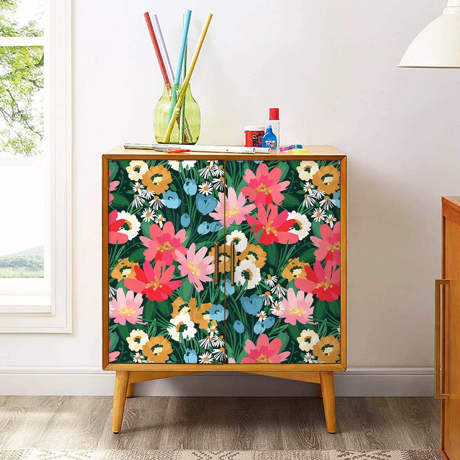 HaokHome Wallpaper Peel and Stick Floral Botanical Green/Pink/Blue Modern Wall Decor Removable Mural for Living Room & Kids' Room