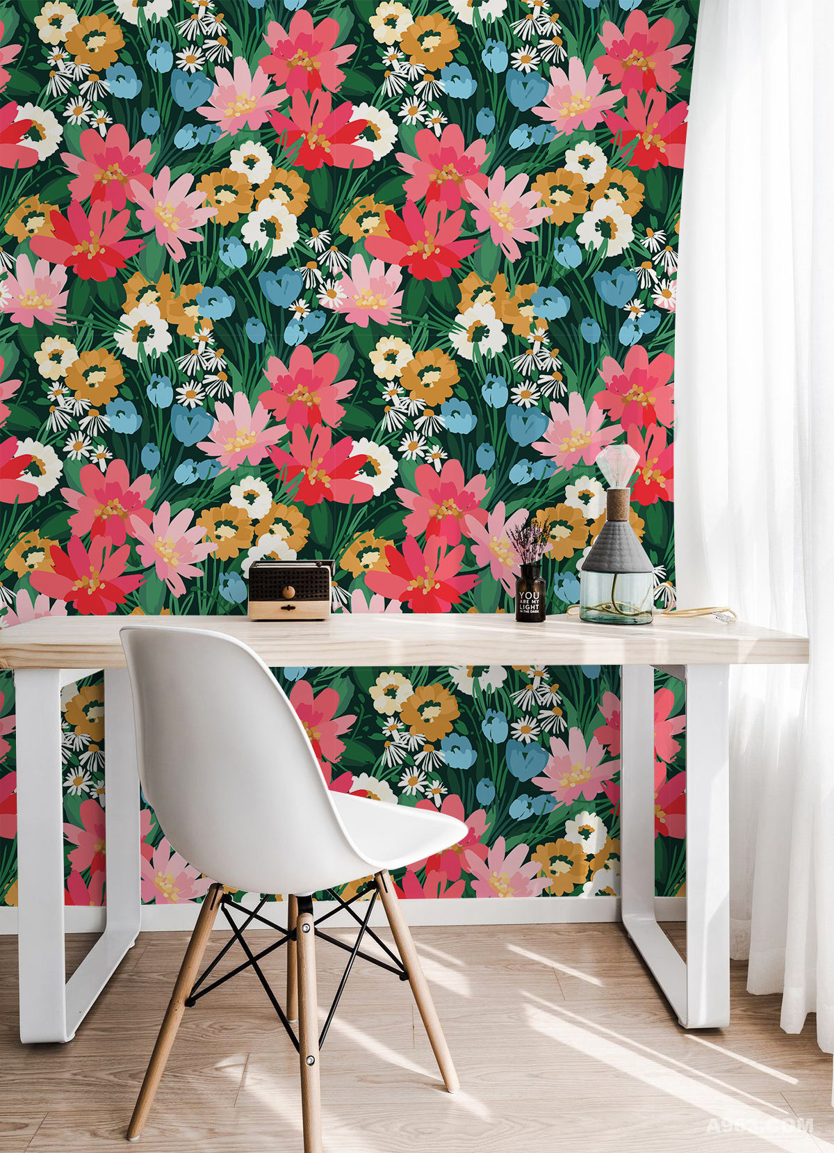 HaokHome Wallpaper Peel and Stick Floral Botanical Green/Pink/Blue Modern Wall Decor Removable Mural for Living Room & Kids' Room
