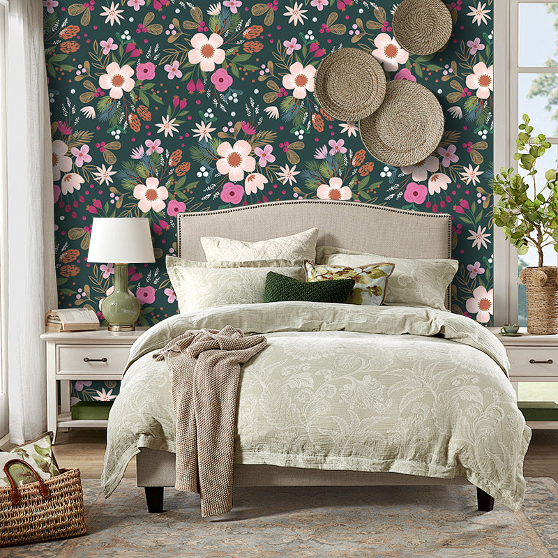 HaokHome Wallpaper Peel and Stick Floral Botanical Green/Pink/White Romantic Wall Decor Removable Mural for Bedroom & Living Room