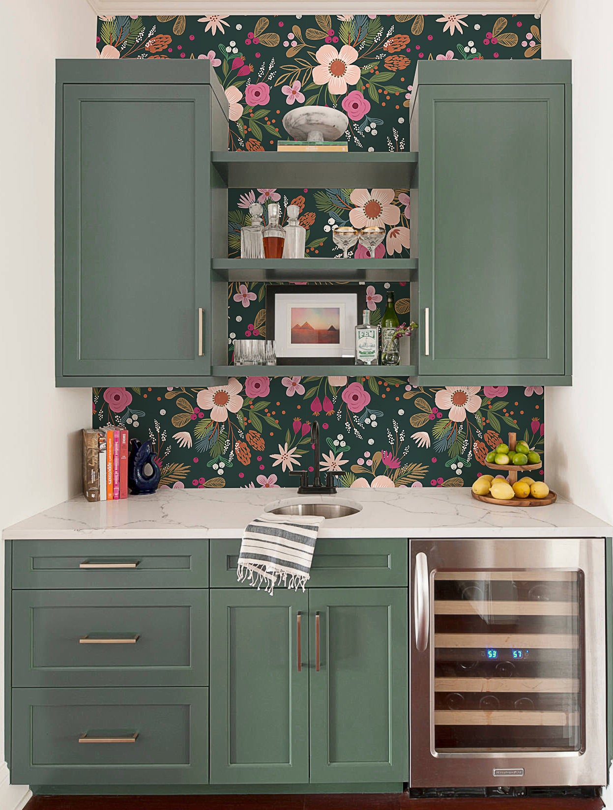 HaokHome Wallpaper Peel and Stick Floral Botanical Green/Pink/White Romantic Wall Decor Removable Mural for Bedroom & Living Room