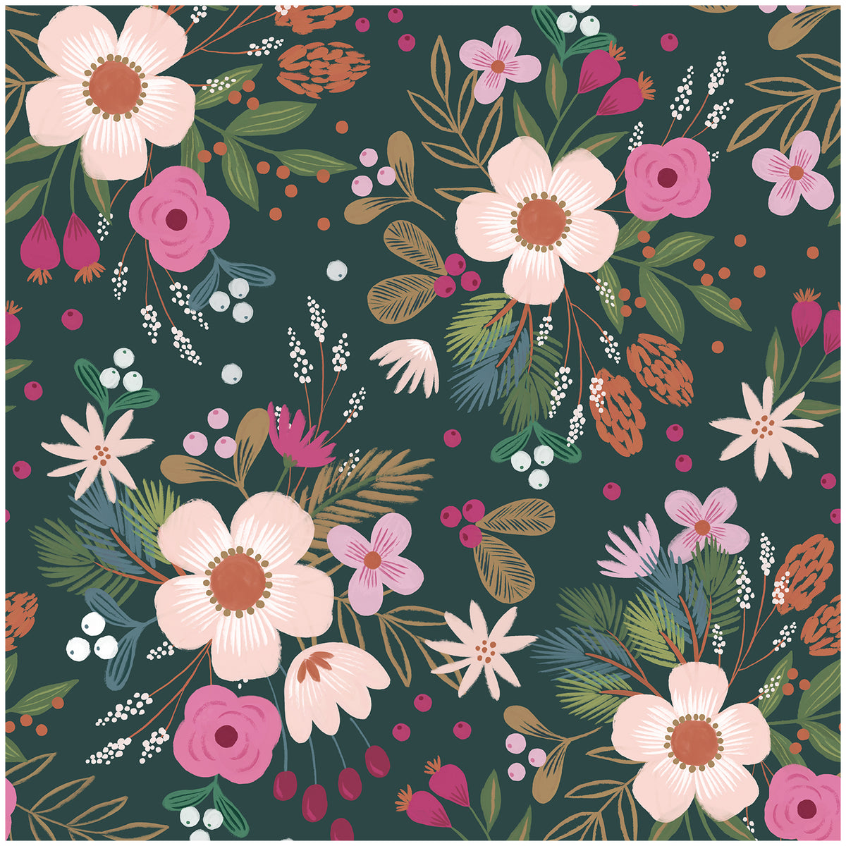 Green & Pink Romantic Botanical Floral Peel and Stick Wallpaper