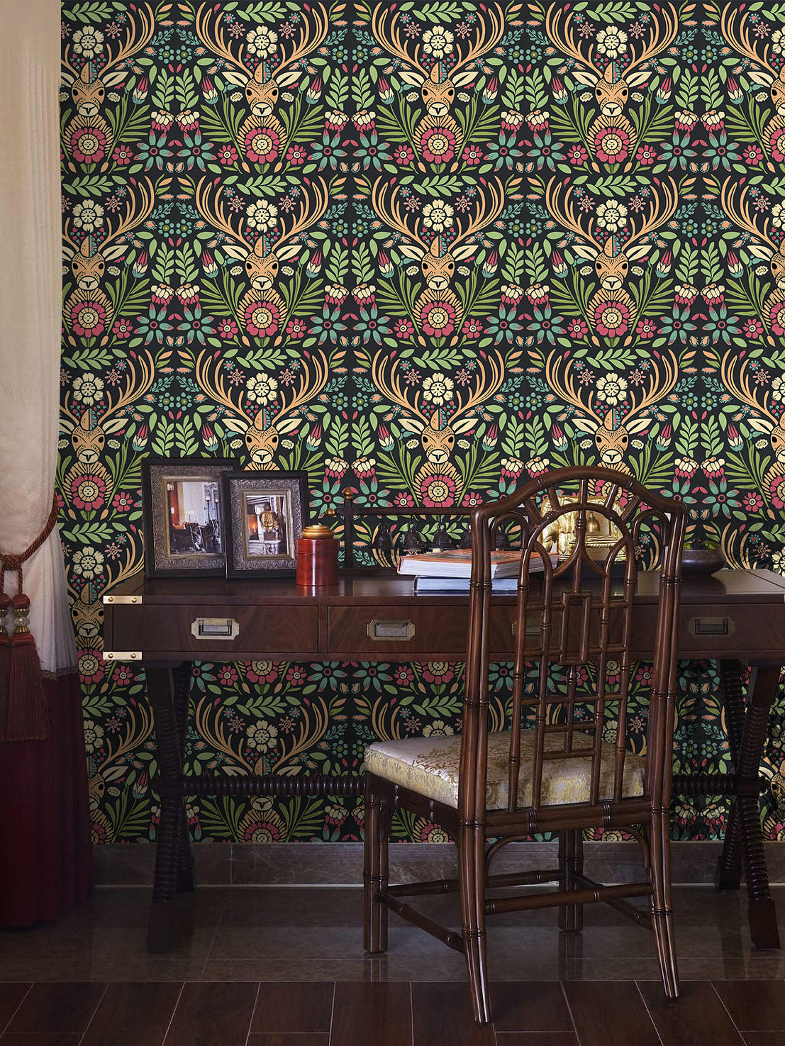 HaokHome Wallpaper Peel and Stick Floral Deer Green/Red/Yellow Boho Wall Decor Removable Mural