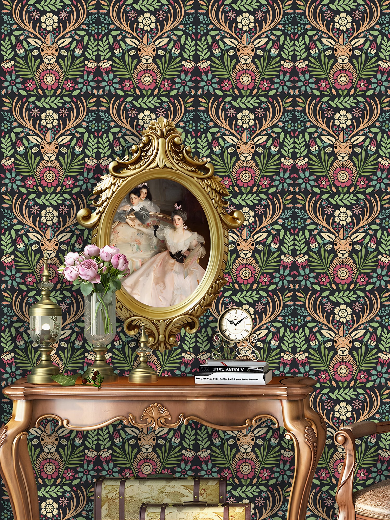 HaokHome Wallpaper Peel and Stick Floral Deer Green/Red/Yellow Boho Wall Decor Removable Mural