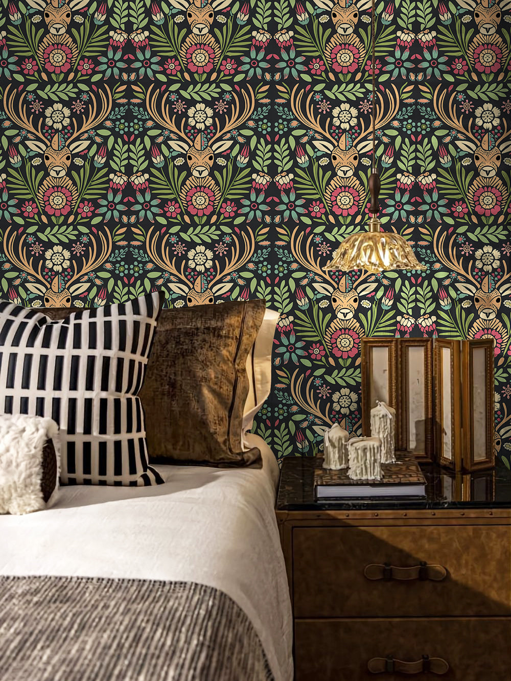 HaokHome Wallpaper Peel and Stick Floral Deer Green/Red/Yellow Boho Wall Decor Removable Mural