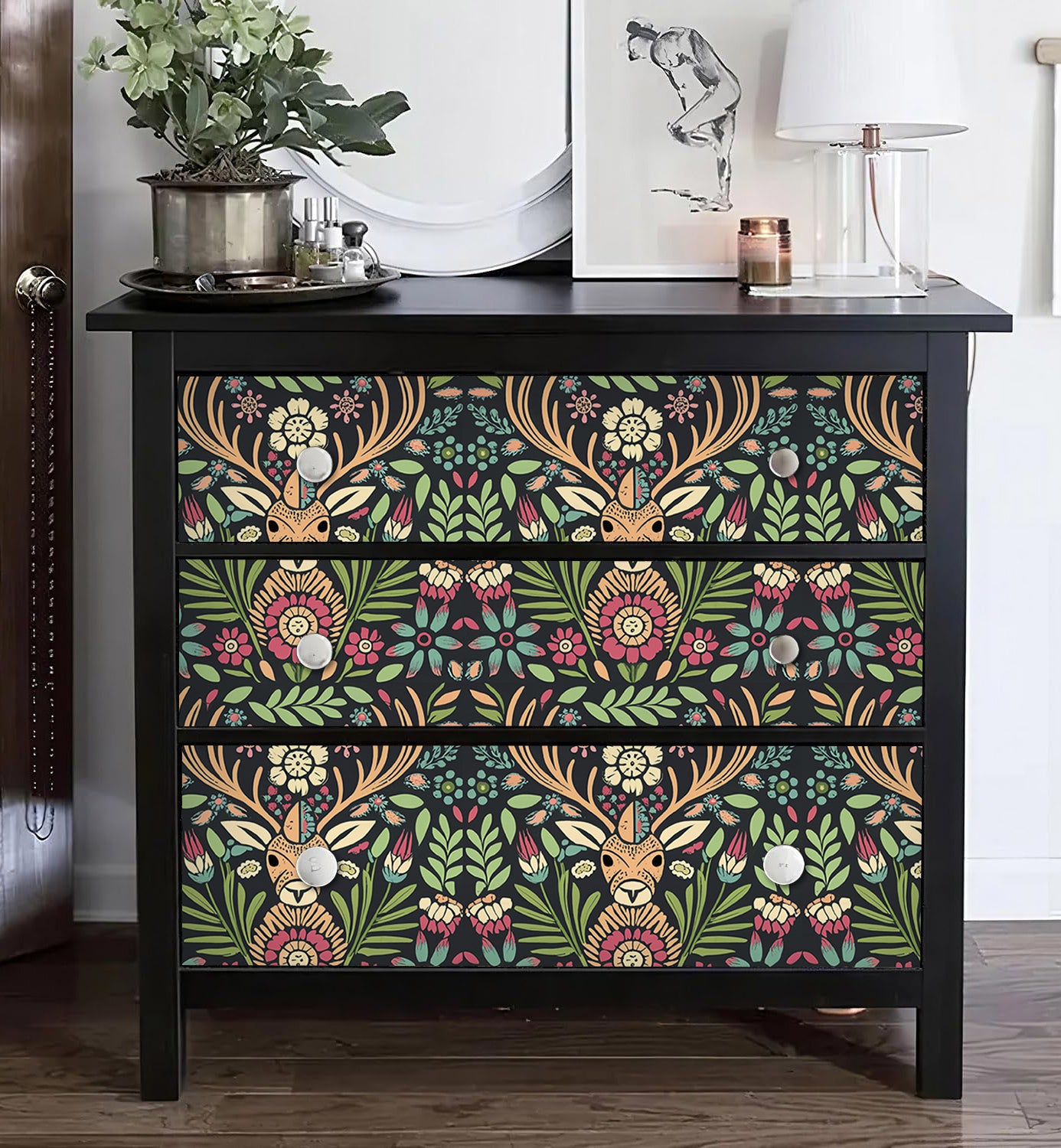 HaokHome Wallpaper Peel and Stick Floral Deer Green/Red/Yellow Boho Wall Decor Removable Mural