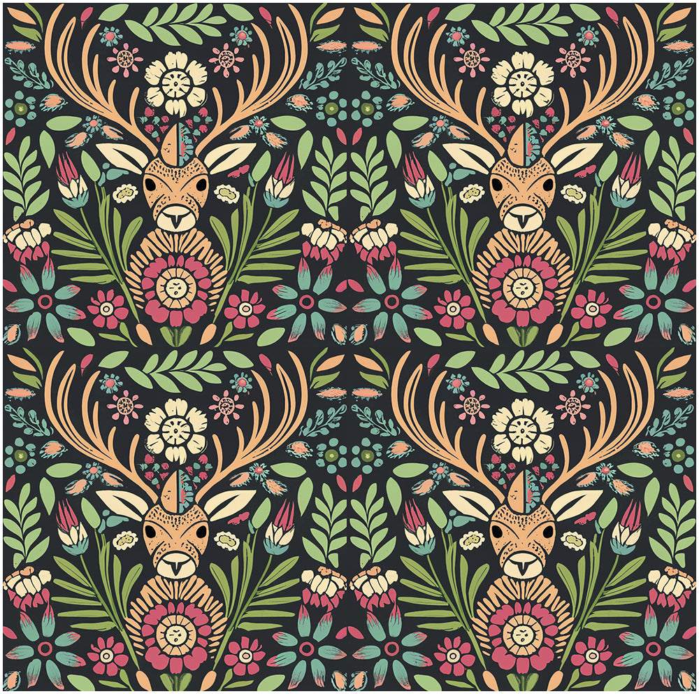 HaokHome Wallpaper Peel and Stick Floral Deer Green/Red/Yellow Boho Wall Decor Removable Mural