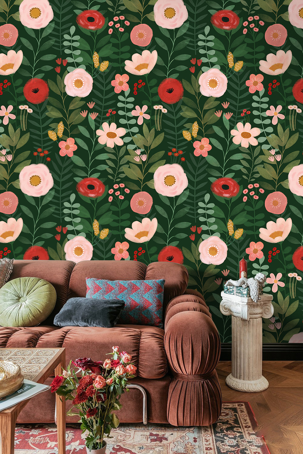HaokHome Wallpaper Peel and Stick Floral Green/Pink/Red Botanical Wall Decor Removable Mural