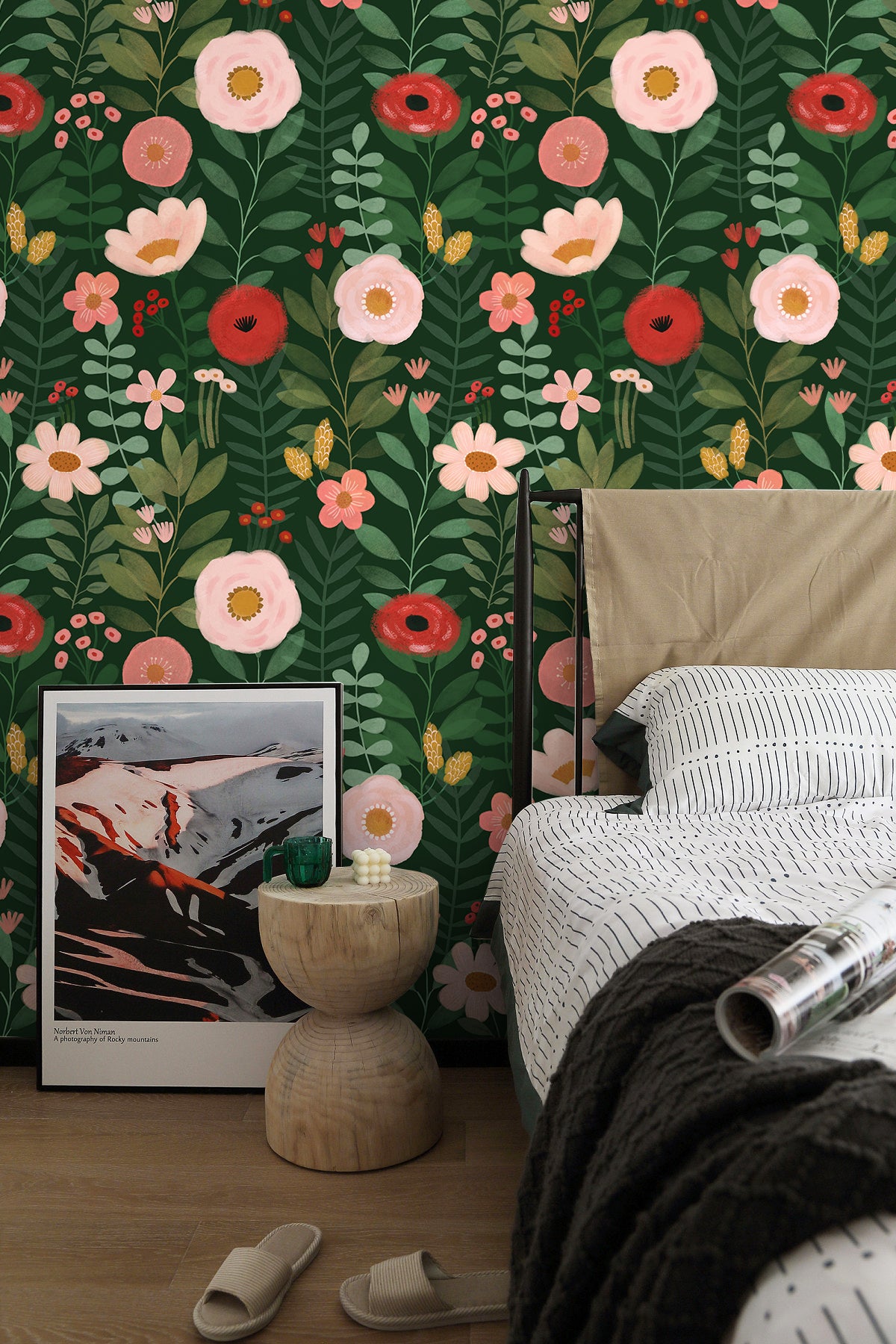 HaokHome Wallpaper Peel and Stick Floral Green/Pink/Red Botanical Wall Decor Removable Mural