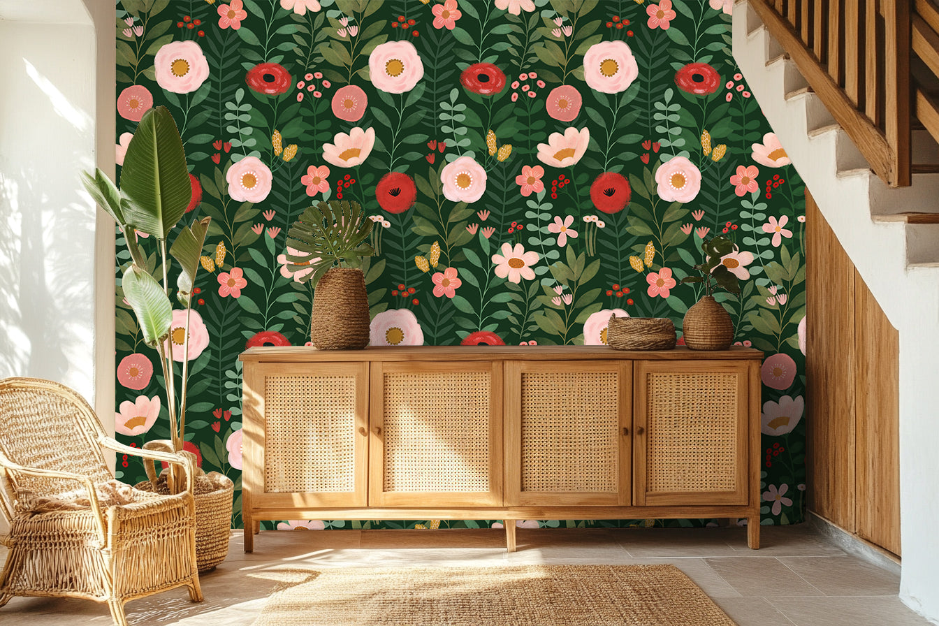 HaokHome Wallpaper Peel and Stick Floral Green/Pink/Red Botanical Wall Decor Removable Mural