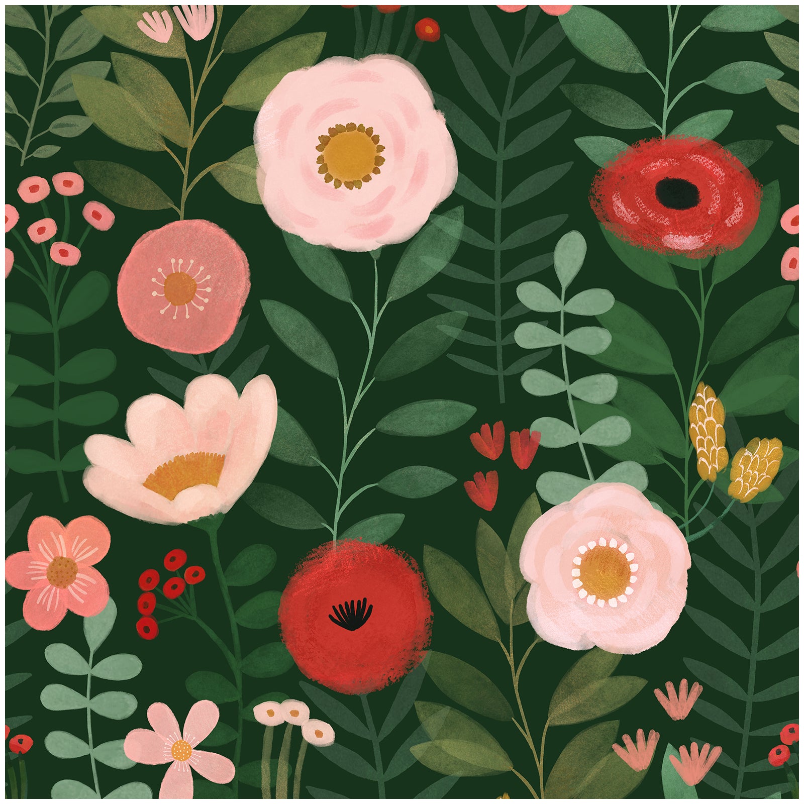 HaokHome Wallpaper Peel and Stick Floral Green/Pink/Red Botanical Wall Decor Removable Mural