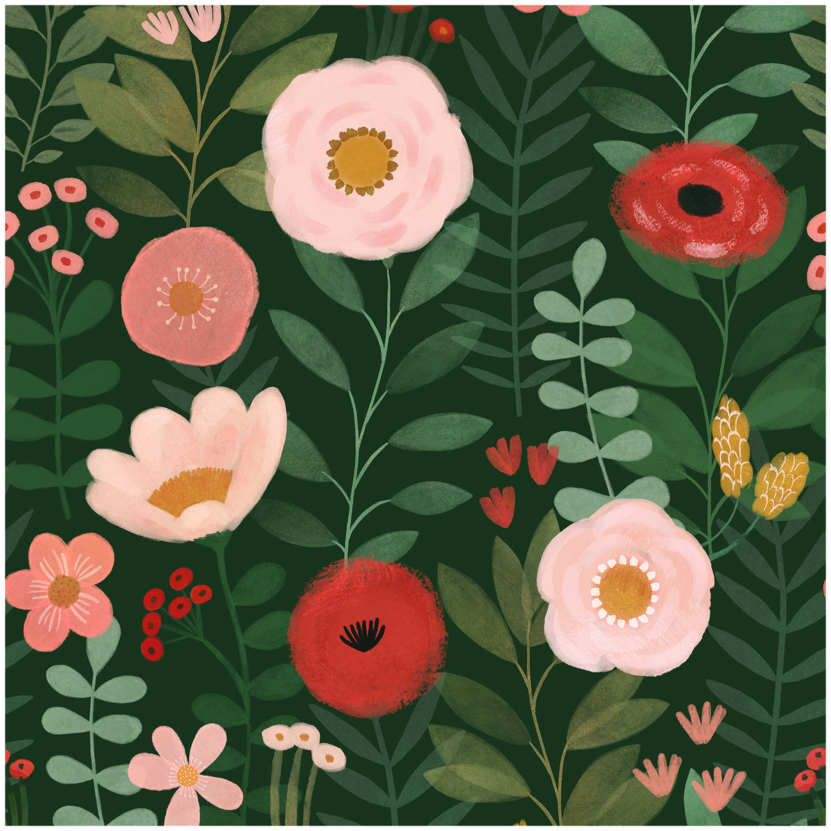 Pink and Red Botanical Peel and Stick Green Floral Wallpaper