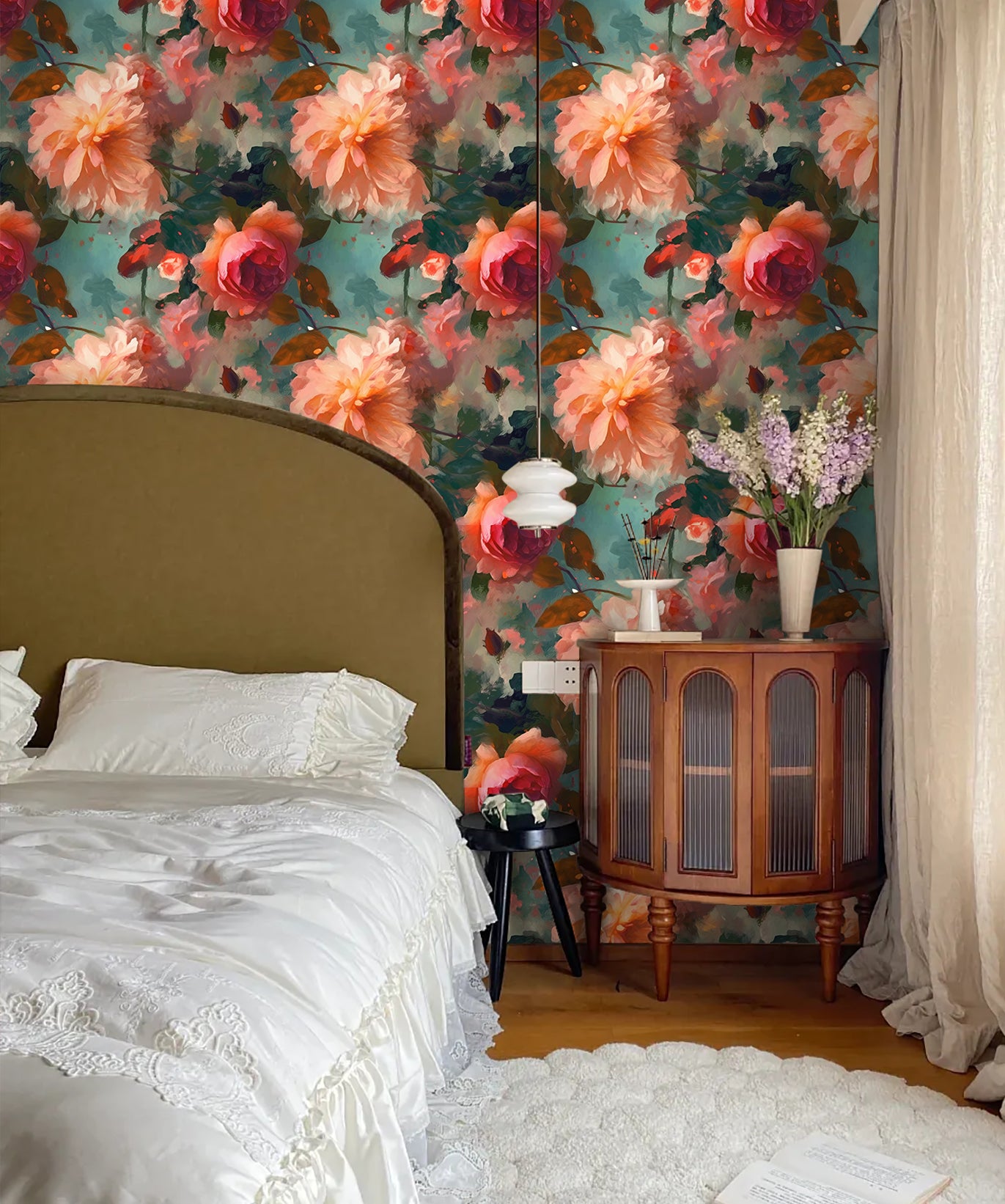 HaokHome Wallpaper Peel and Stick Floral Oil Painting Red/Green/Peach Botanical Wall Decor Removable Mural for Bedroom & Living Room