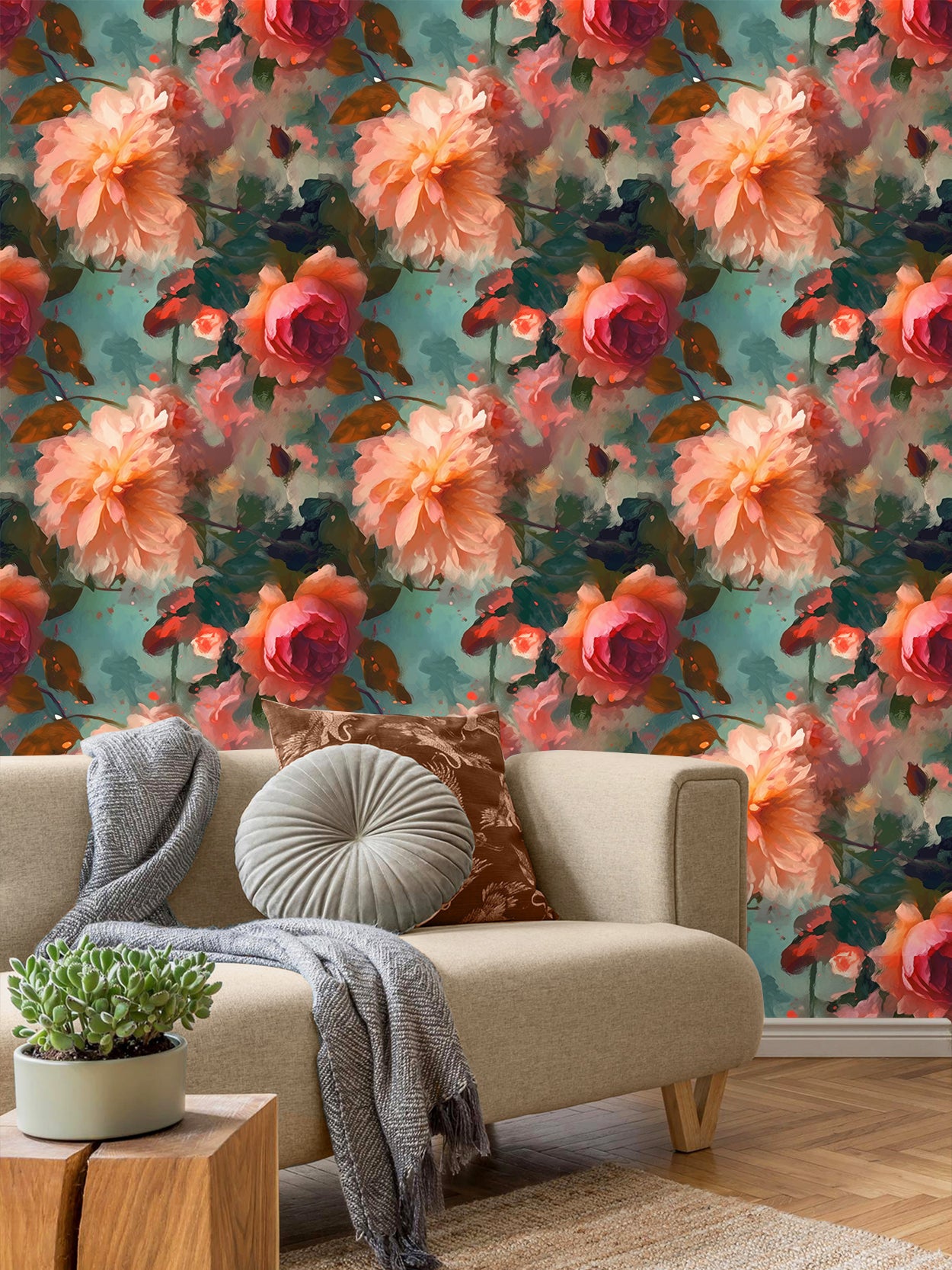 HaokHome Wallpaper Peel and Stick Floral Oil Painting Red/Green/Peach Botanical Wall Decor Removable Mural for Bedroom & Living Room