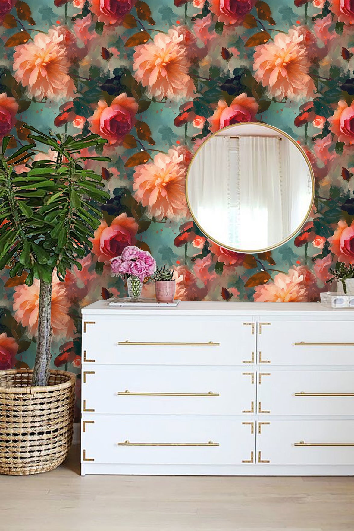 HaokHome Wallpaper Peel and Stick Floral Oil Painting Red/Green/Peach Botanical Wall Decor Removable Mural for Bedroom & Living Room