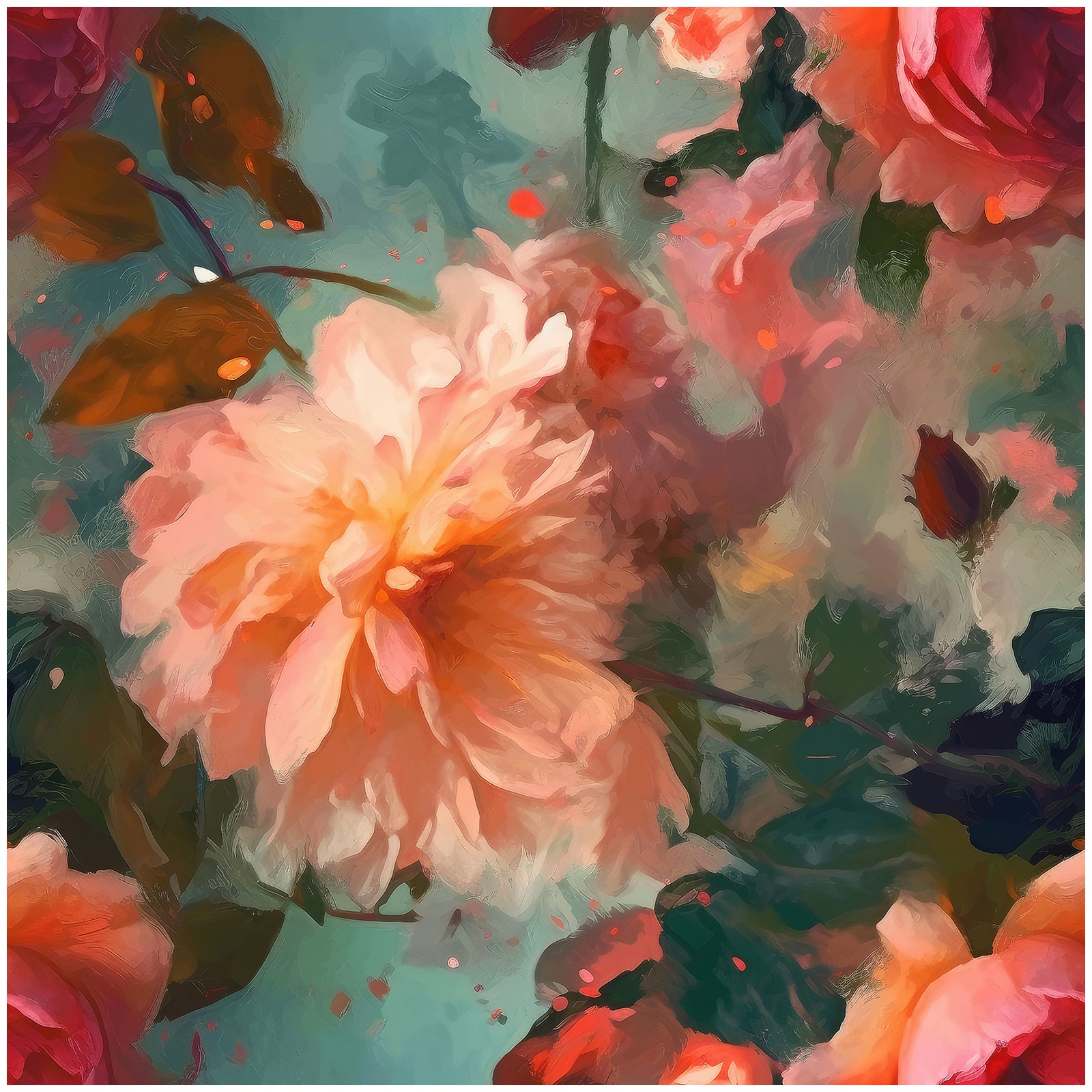 HaokHome Wallpaper Peel and Stick Floral Oil Painting Red/Green/Peach Botanical Wall Decor Removable Mural for Bedroom & Living Room