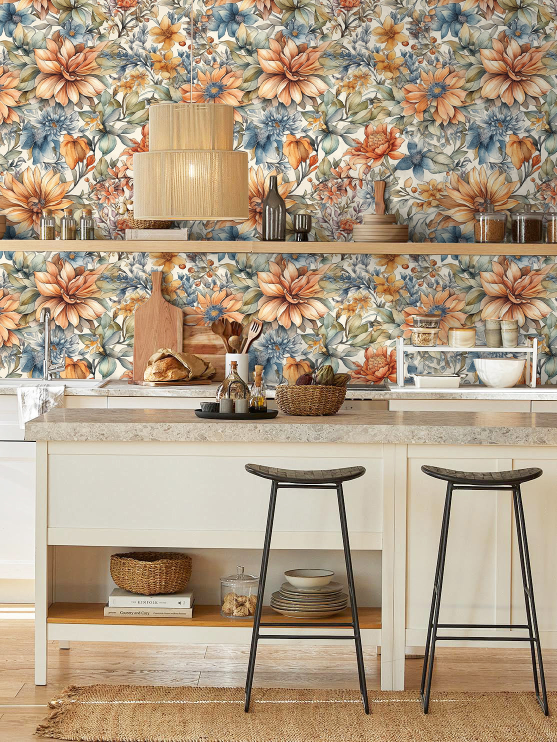 HaokHome Wallpaper Peel and Stick Floral Orange/Blue/Beige Vintage Garden Wall Decor Removable Mural