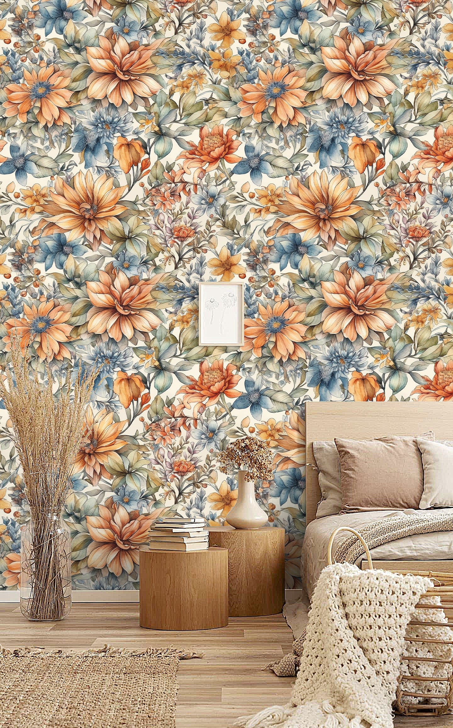 HaokHome Wallpaper Peel and Stick Floral Orange/Blue/Beige Vintage Garden Wall Decor Removable Mural