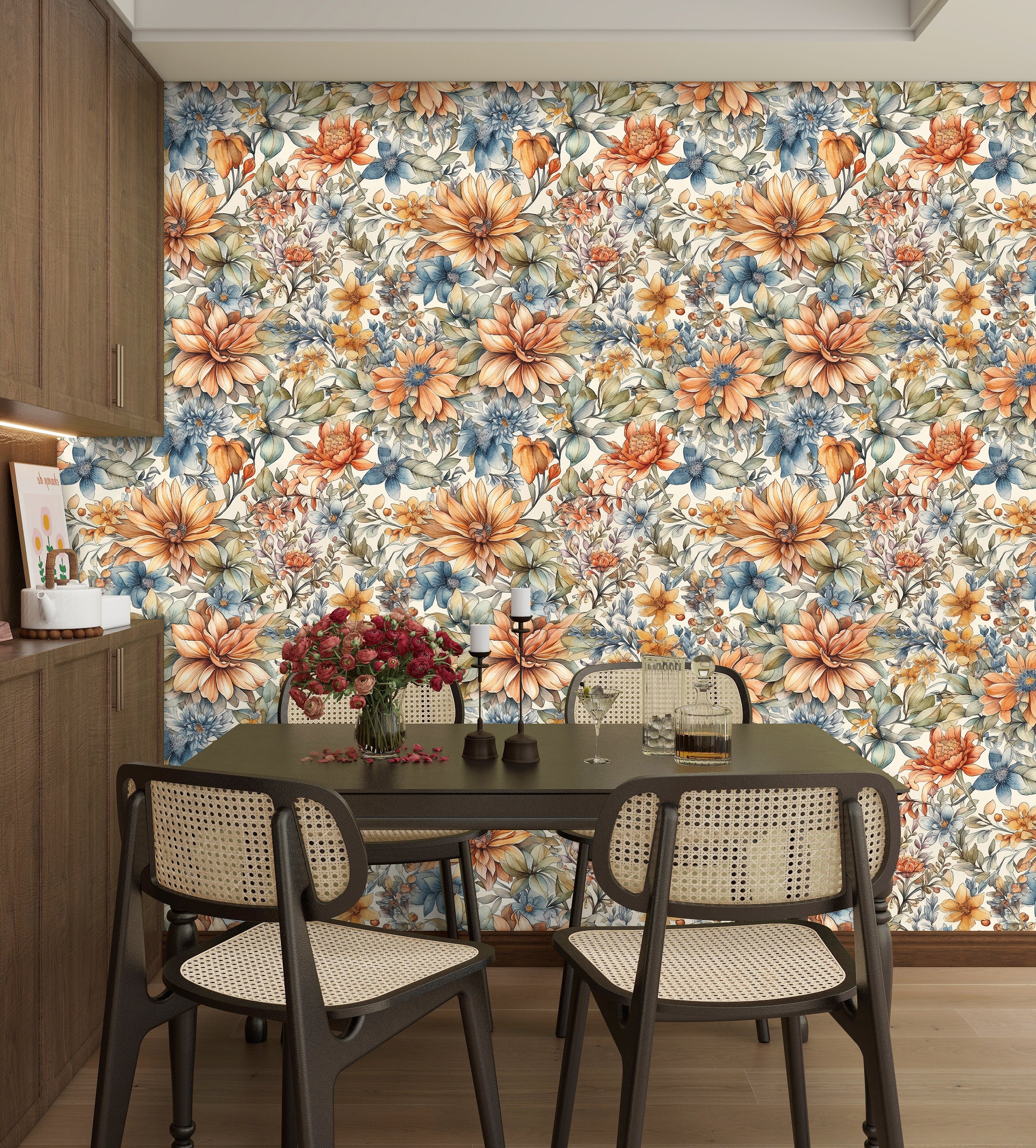 HaokHome Wallpaper Peel and Stick Floral Orange/Blue/Beige Vintage Garden Wall Decor Removable Mural