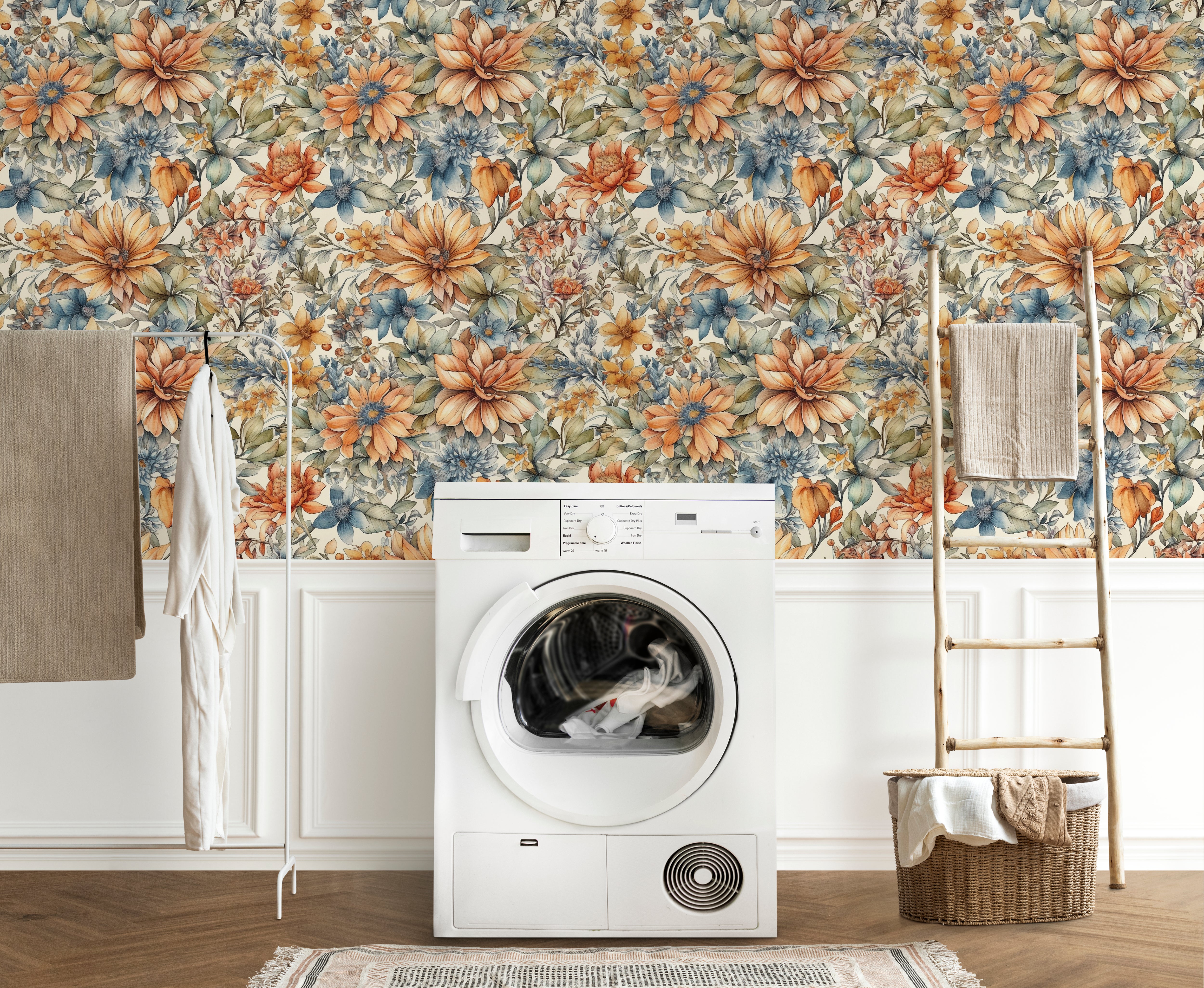 HaokHome Wallpaper Peel and Stick Floral Orange/Blue/Beige Vintage Garden Wall Decor Removable Mural