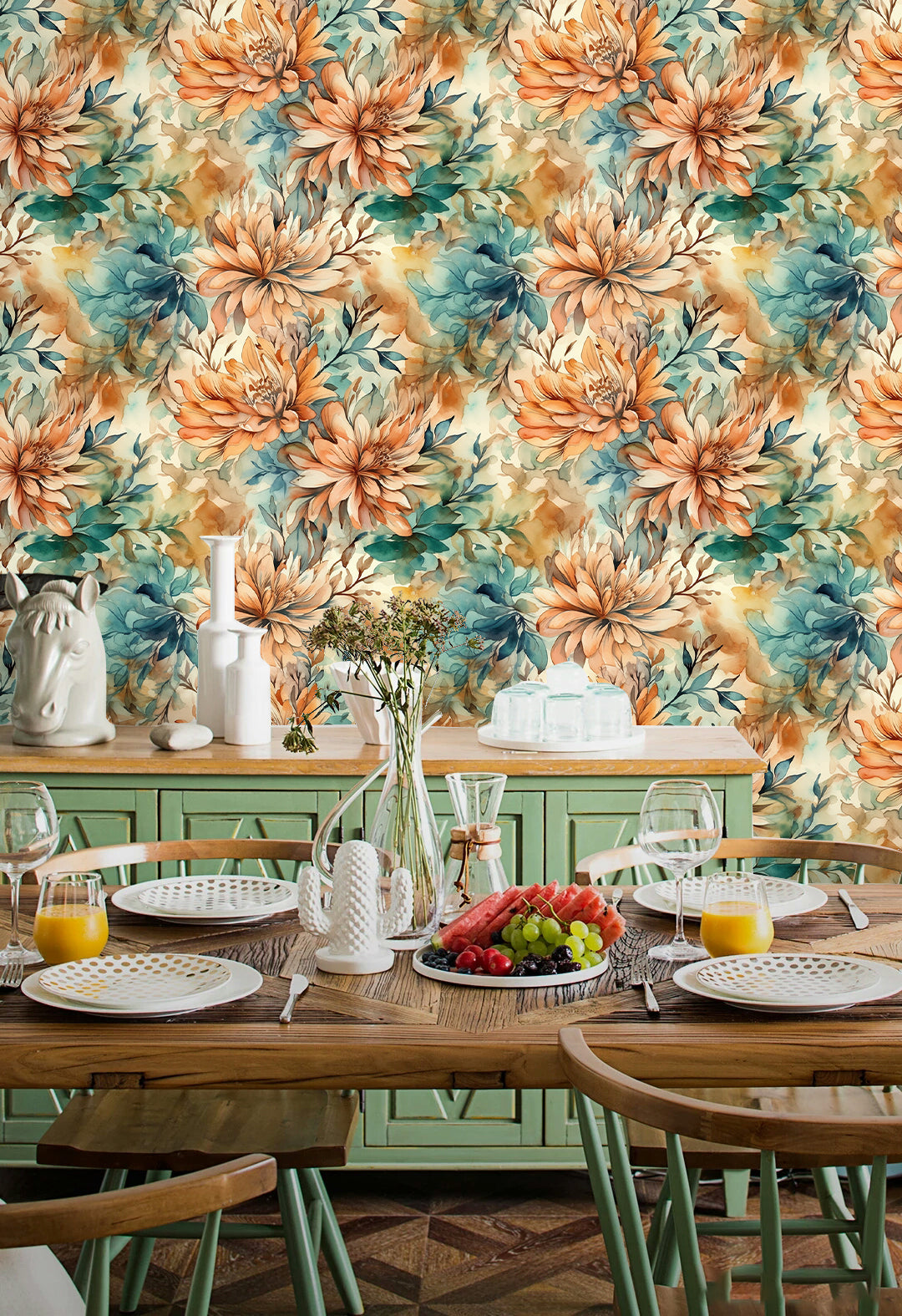 HaokHome Wallpaper Peel and Stick Floral Orange/Teal/Beige Watercolor Vintage Wall Decor Removable Mural