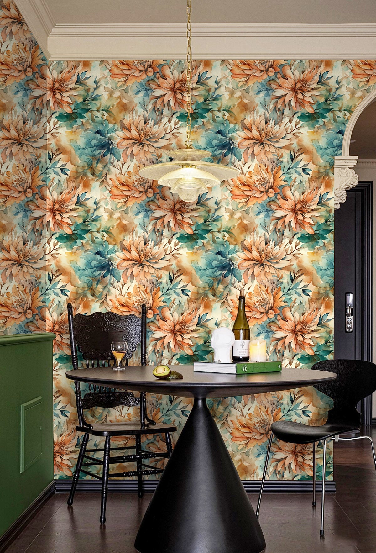 HaokHome Wallpaper Peel and Stick Floral Orange/Teal/Beige Watercolor Vintage Wall Decor Removable Mural