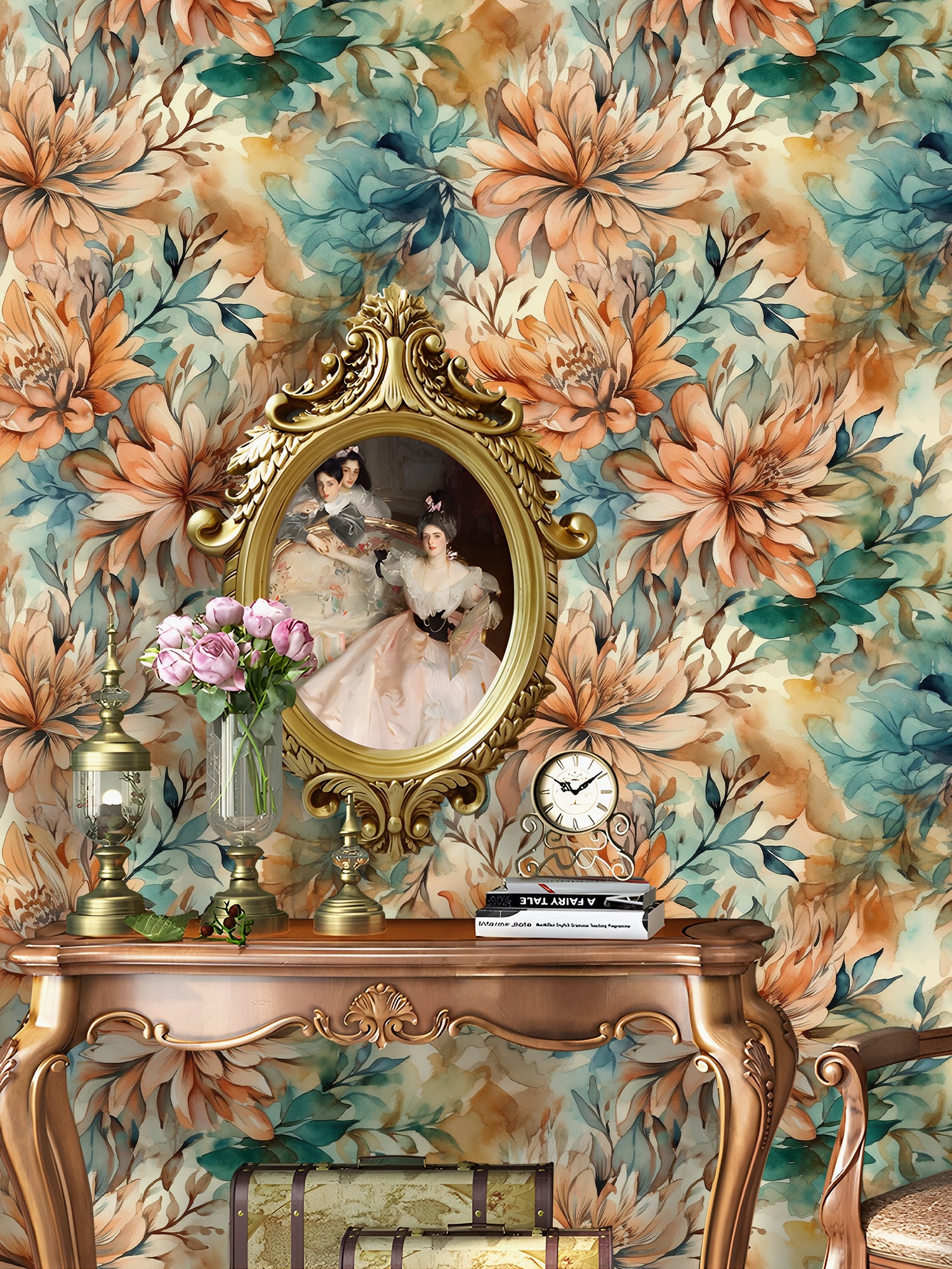 HaokHome Wallpaper Peel and Stick Floral Orange/Teal/Beige Watercolor Vintage Wall Decor Removable Mural