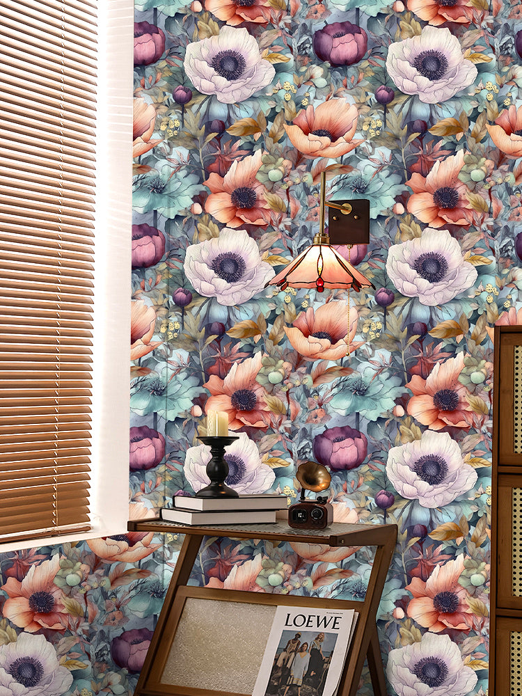 HaokHome Wallpaper Peel and Stick Floral Pastel Poppy/Peach/Turquoise Boho Vintage Wall Decor Removable Mural