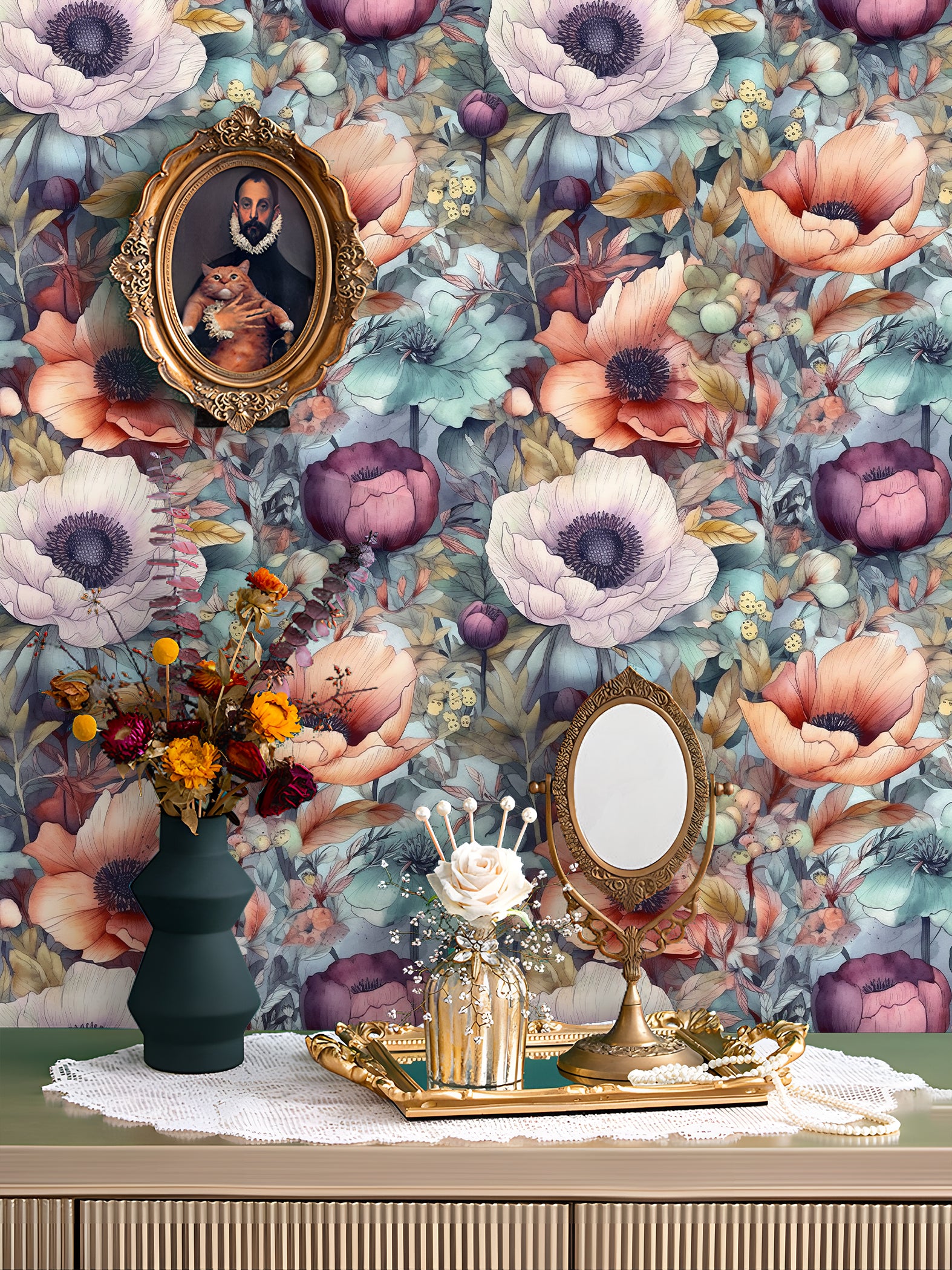 HaokHome Wallpaper Peel and Stick Floral Pastel Poppy/Peach/Turquoise Boho Vintage Wall Decor Removable Mural