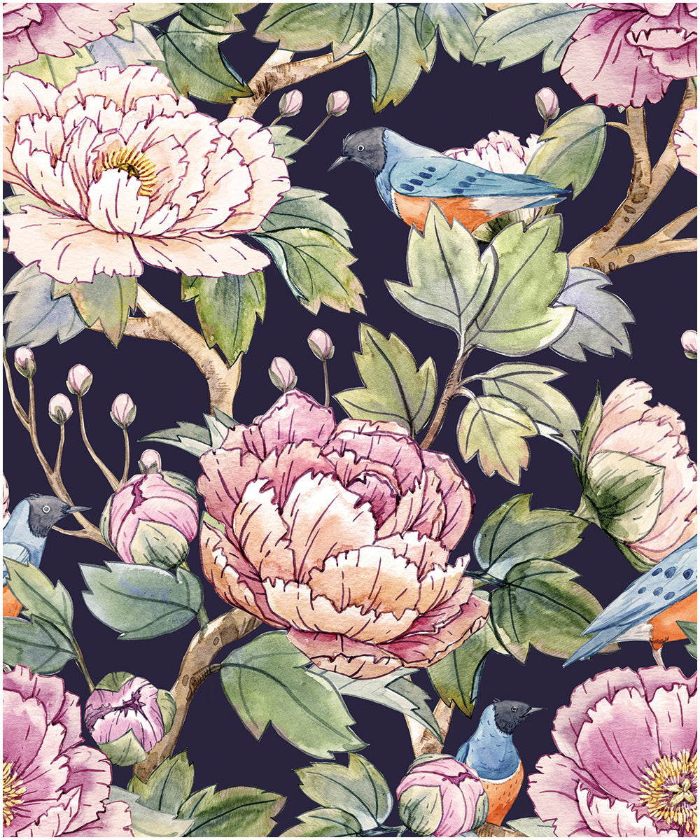 HaokHome Wallpaper Peel and Stick Floral Peony Birds Watercolor Wall Decor Removable Mural