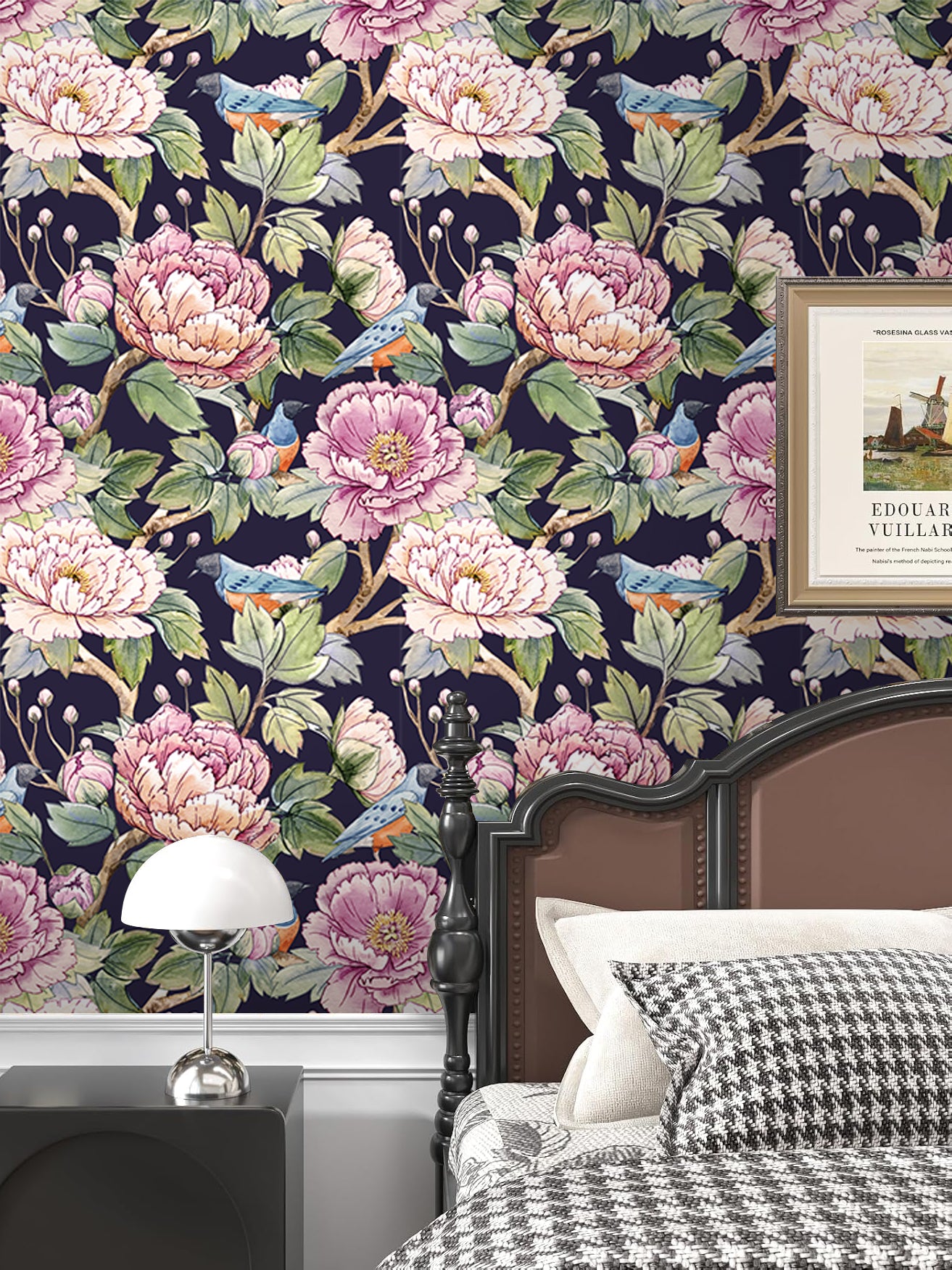 HaokHome Wallpaper Peel and Stick Floral Peony Birds Watercolor Wall Decor Removable Mural