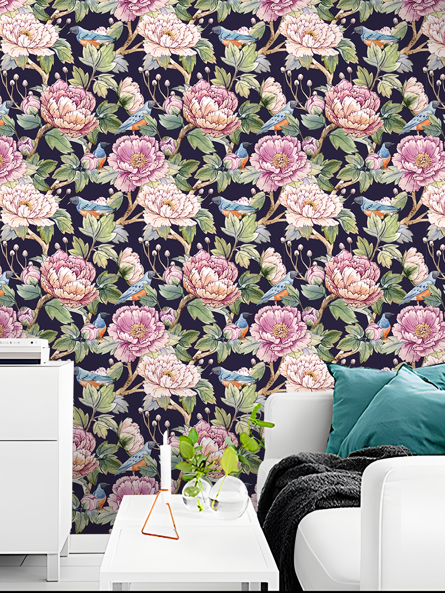 HaokHome Wallpaper Peel and Stick Floral Peony Birds Watercolor Wall Decor Removable Mural